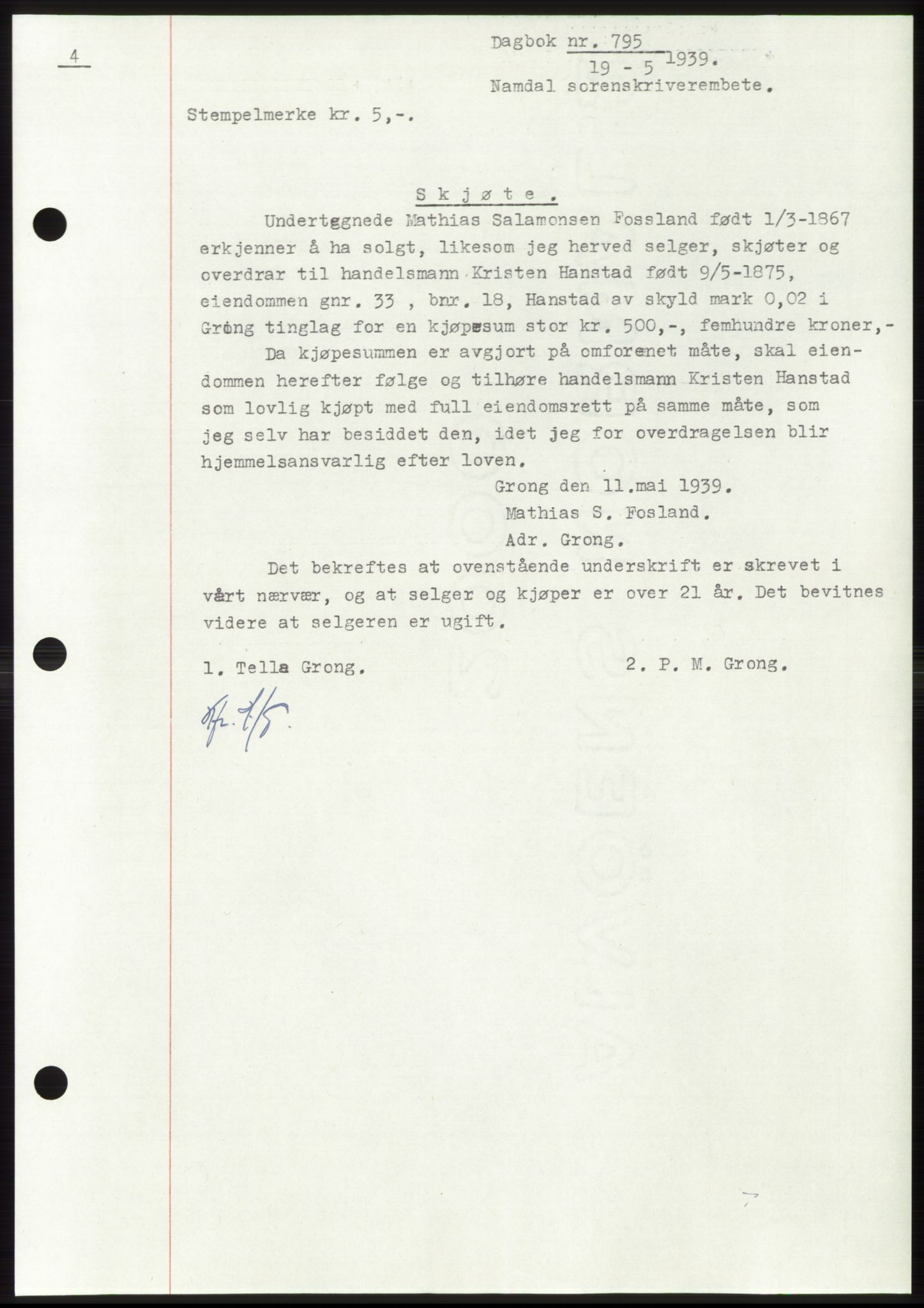 Namdal sorenskriveri, SAT/A-4133/1/2/2C: Pantebok nr. -, 1937-1939, Tingl.dato: 19.05.1939