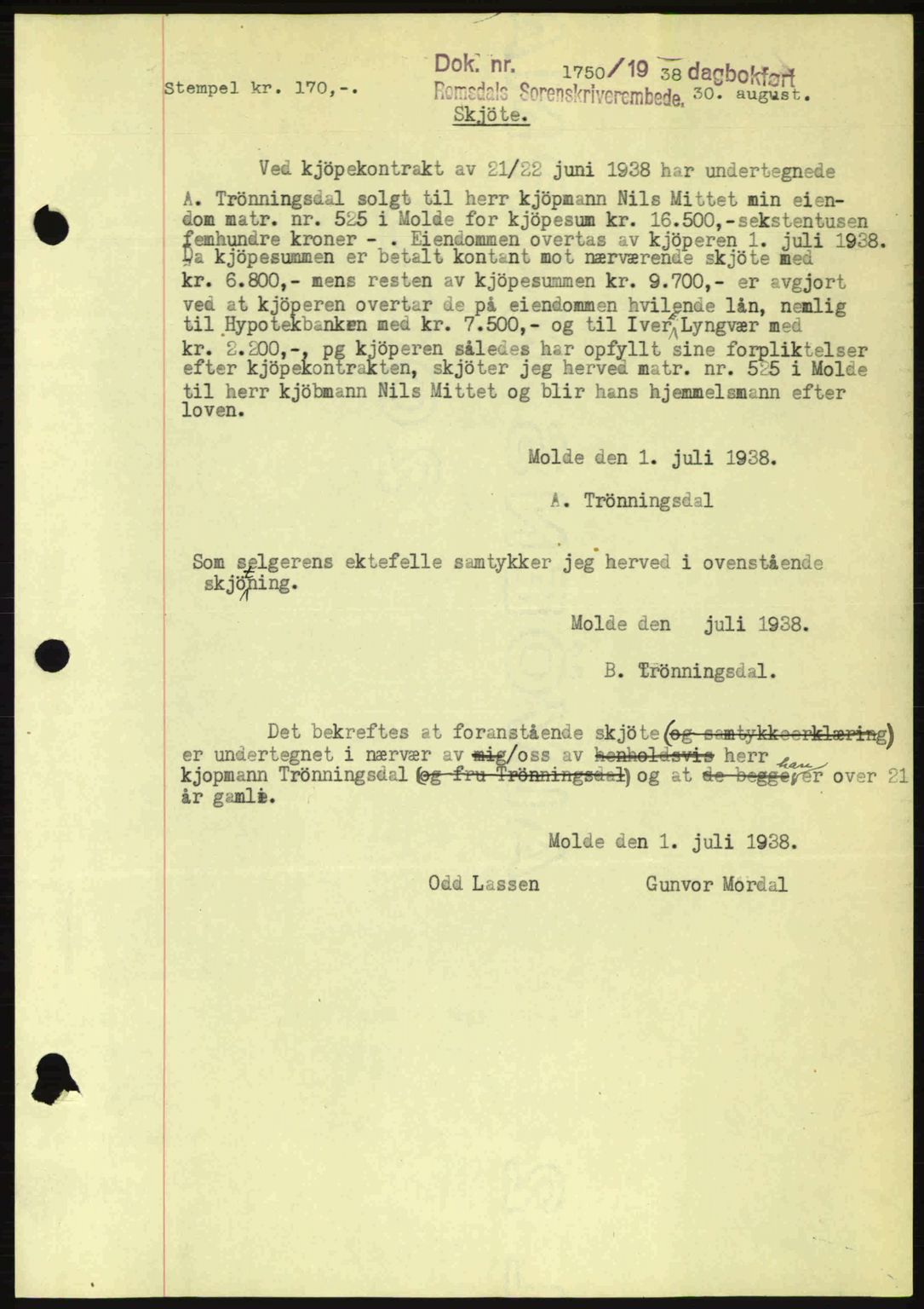 Romsdal sorenskriveri, SAT/A-4149/1/2/2C: Pantebok nr. A5, 1938-1938, Dagboknr: 1750/1938