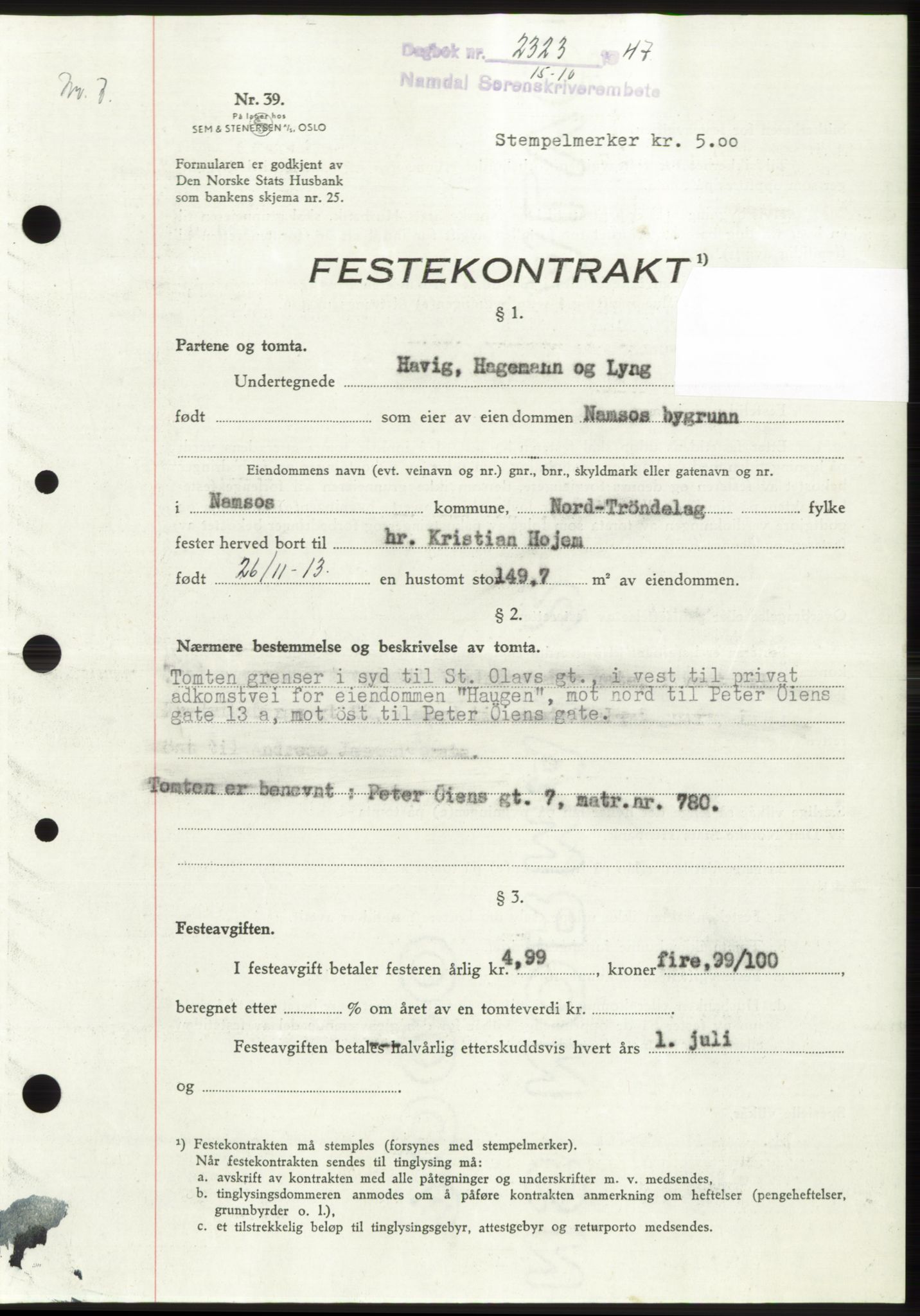 Namdal sorenskriveri, SAT/A-4133/1/2/2C: Pantebok nr. -, 1947-1947, Dagboknr: 2323/1947