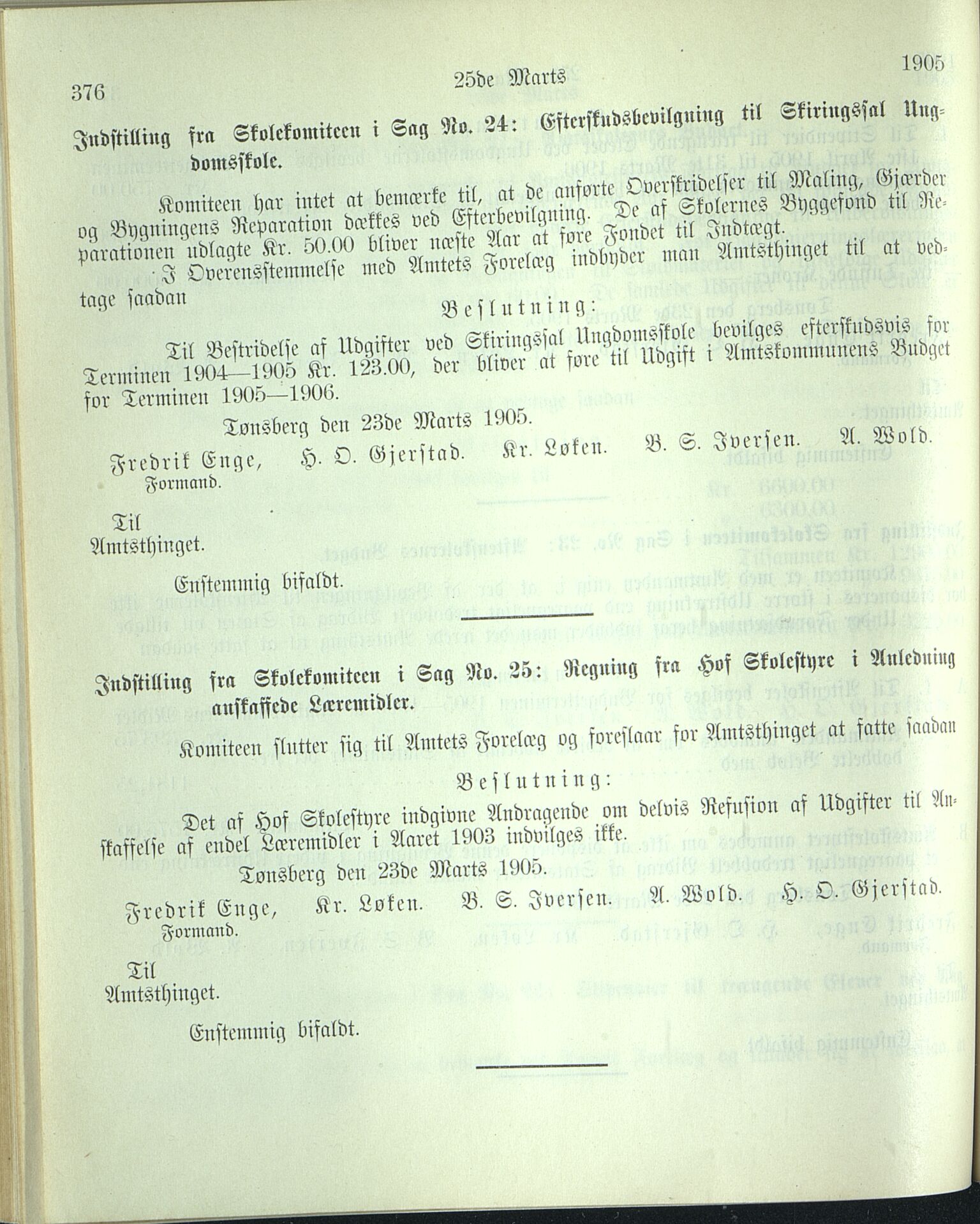 Vestfold fylkeskommune. Fylkestinget, VEMU/A-1315/A/Ab/Abb/L0052: Fylkestingsforhandlinger, 1905, s. 376