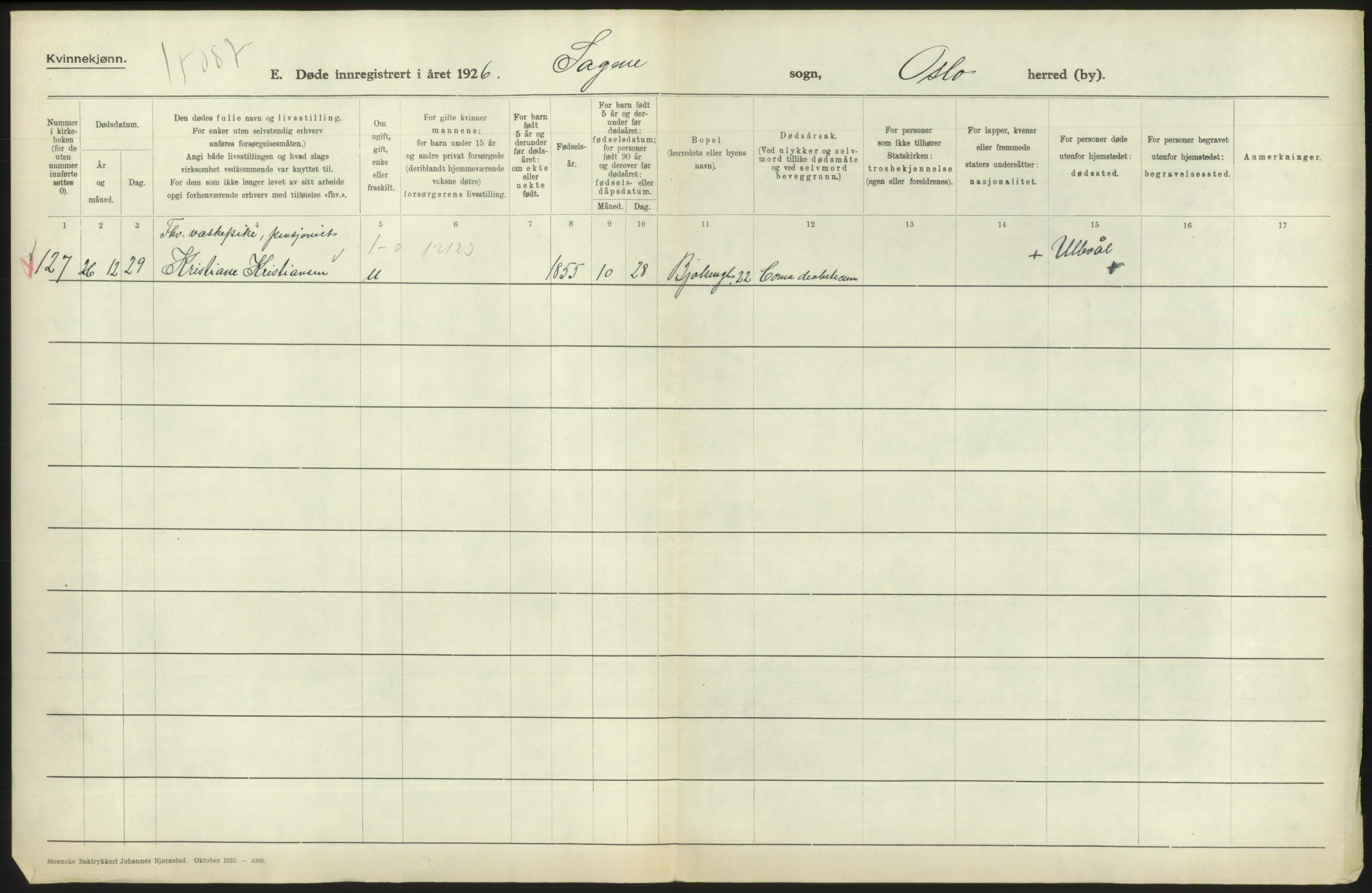 Statistisk sentralbyrå, Sosiodemografiske emner, Befolkning, AV/RA-S-2228/D/Df/Dfc/Dfcf/L0010: Oslo: Døde kvinner, dødfødte, 1926, s. 400