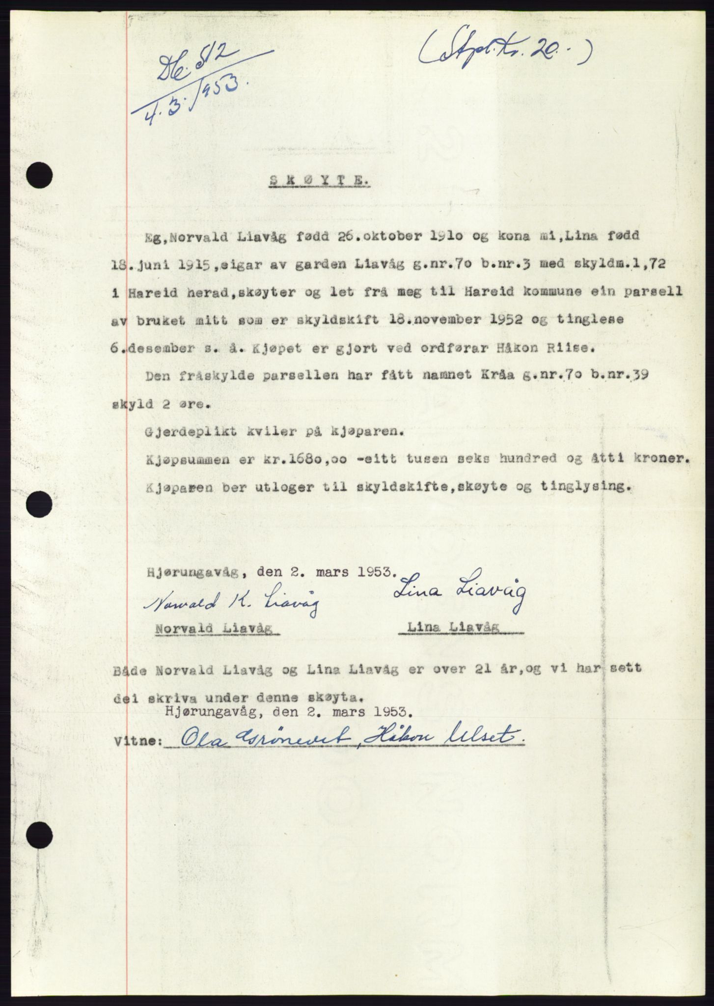 Søre Sunnmøre sorenskriveri, AV/SAT-A-4122/1/2/2C/L0094: Pantebok nr. 20A, 1953-1953, Dagboknr: 512/1953