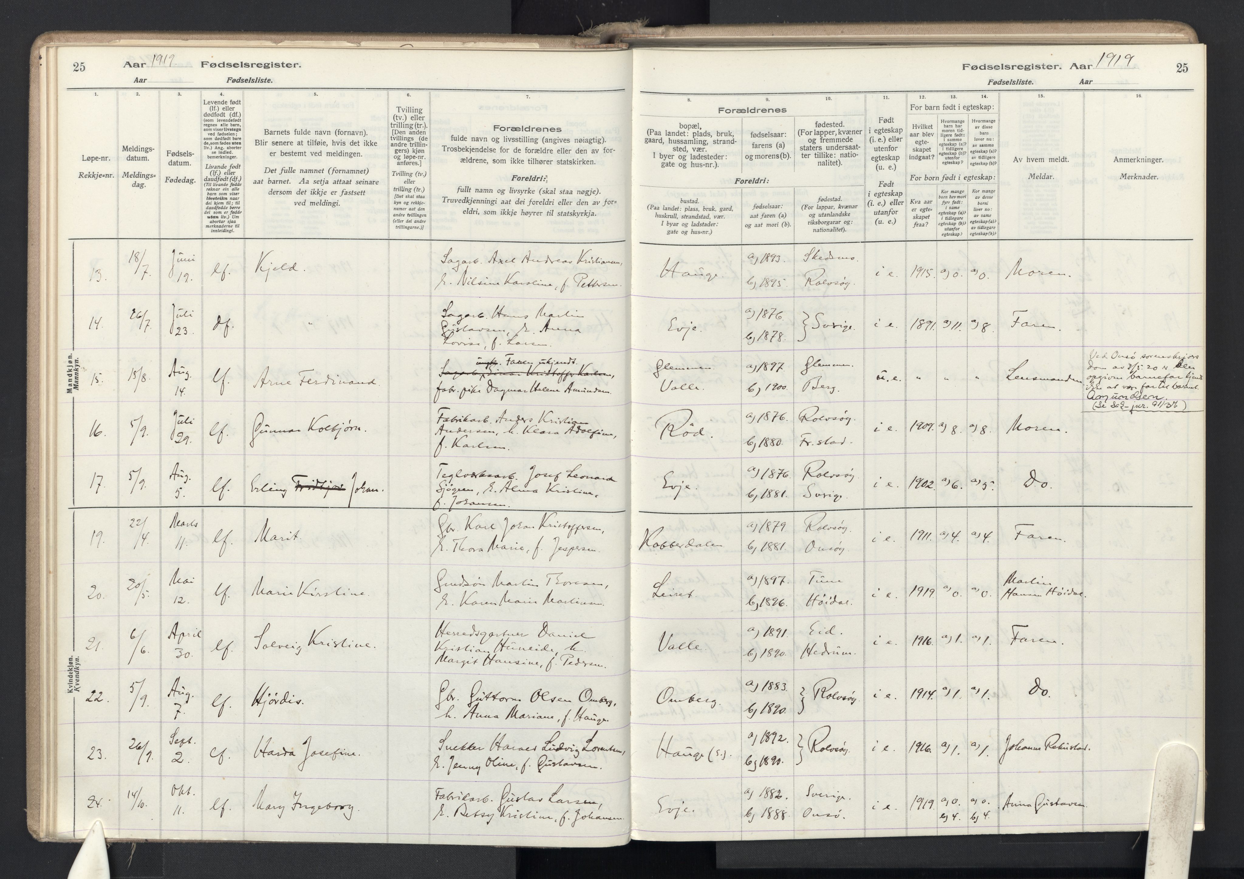 Rolvsøy prestekontor Kirkebøker, AV/SAO-A-2004/J/Ja/L0001: Fødselsregister nr. 1, 1916-1946, s. 25