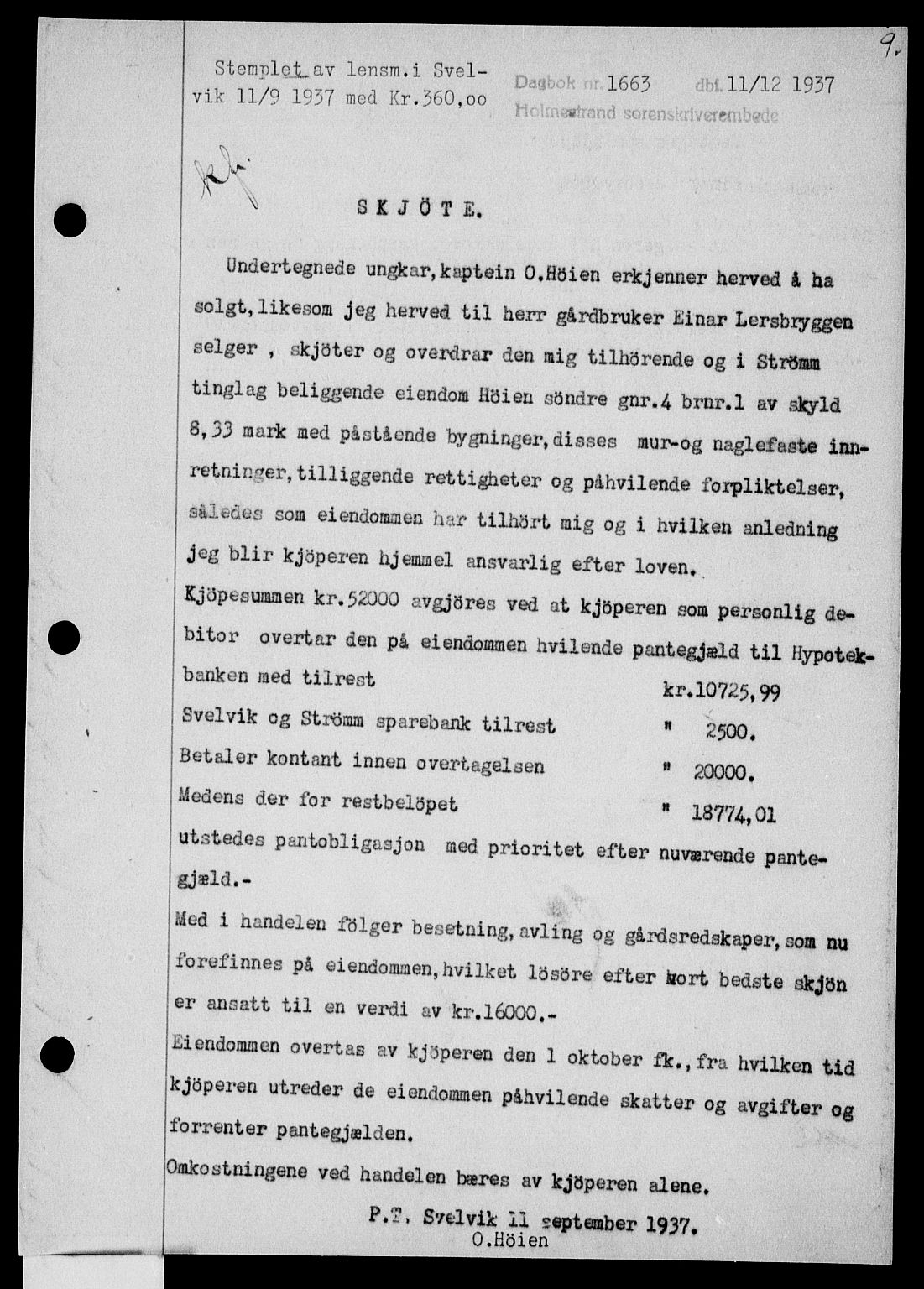 Holmestrand sorenskriveri, SAKO/A-67/G/Ga/Gaa/L0049: Pantebok nr. A-49, 1937-1938, Dagboknr: 1663/1937