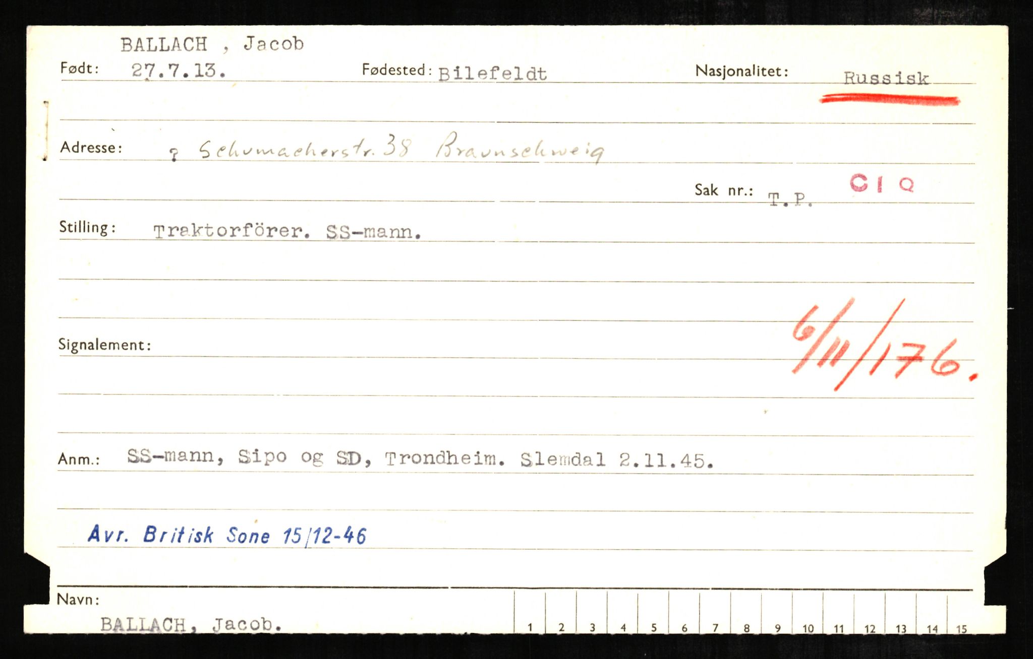 Forsvaret, Forsvarets overkommando II, AV/RA-RAFA-3915/D/Db/L0002: CI Questionaires. Tyske okkupasjonsstyrker i Norge. Tyskere., 1945-1946, s. 3