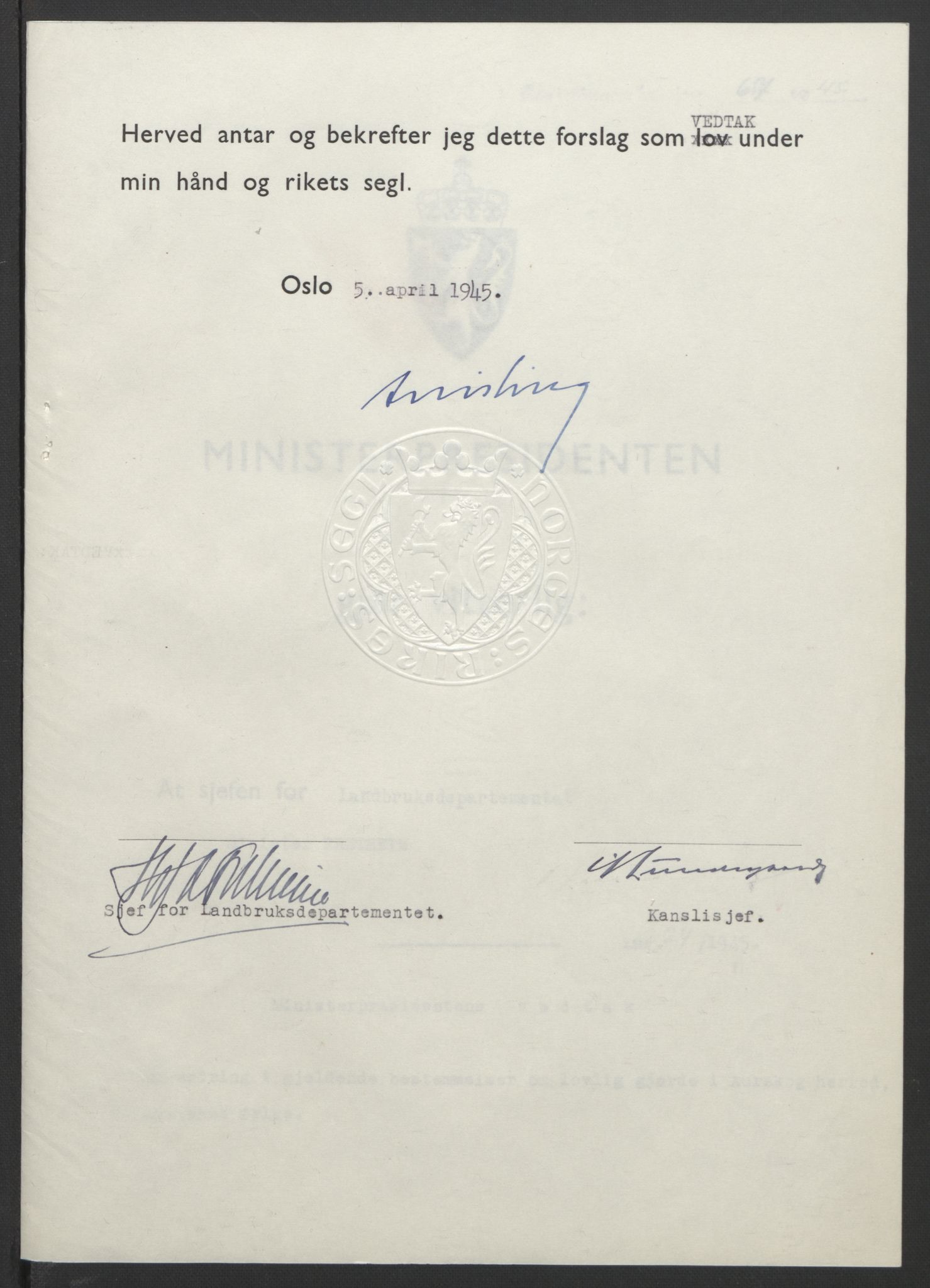 NS-administrasjonen 1940-1945 (Statsrådsekretariatet, de kommisariske statsråder mm), RA/S-4279/D/Db/L0101/0001: -- / Lover og vedtak, 1945, s. 240