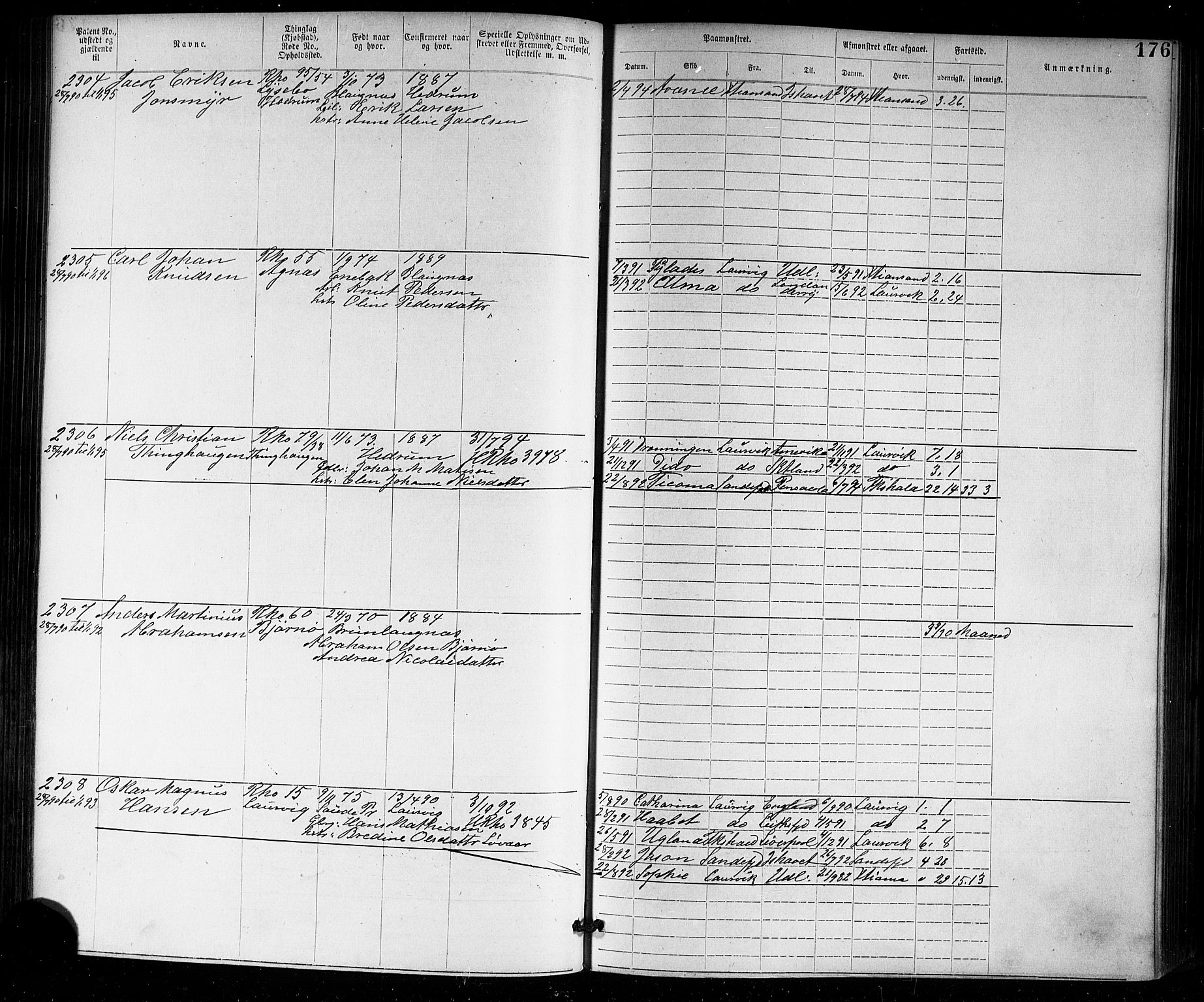 Larvik innrulleringskontor, AV/SAKO-A-787/F/Fb/L0001: Annotasjonsrulle, 1876-1904, s. 176