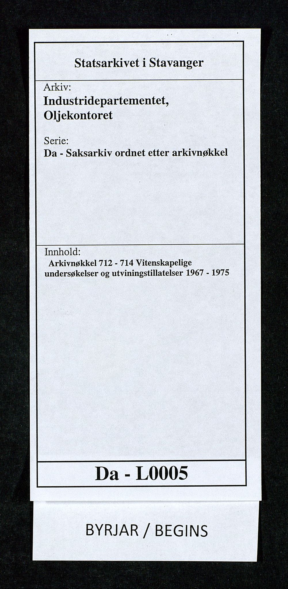 Industridepartementet, Oljekontoret, SAST/A-101348/Da/L0005:  Arkivnøkkel 712 - 714 Vitenskapelige undersøkelser og utviningstillatelser, 1967-1975, s. 1