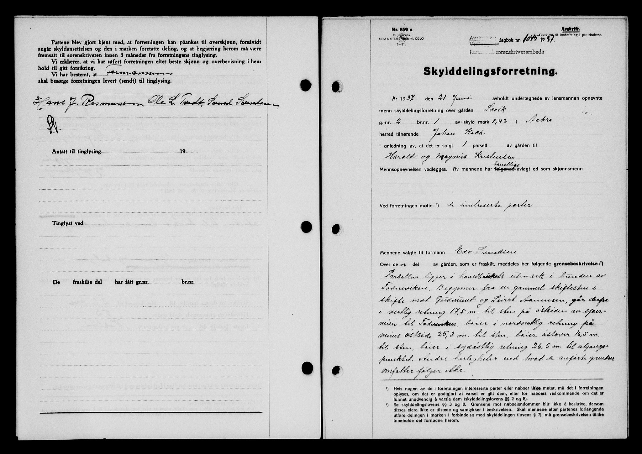 Karmsund sorenskriveri, SAST/A-100311/01/II/IIB/L0068: Pantebok nr. 49A, 1937-1937, Dagboknr: 1045/1937