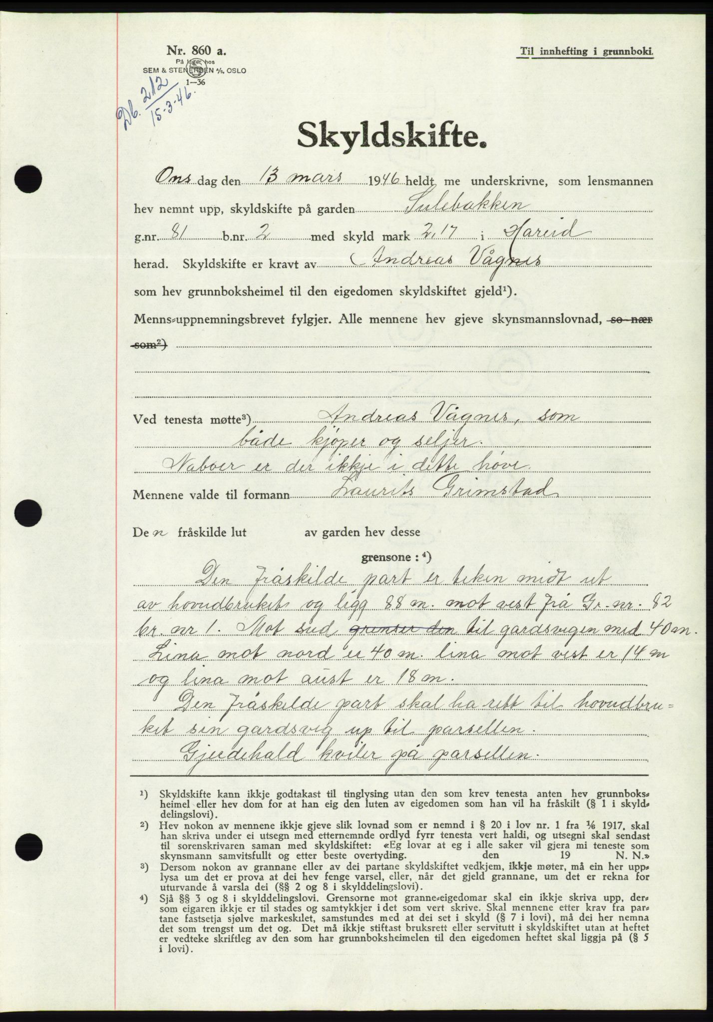 Søre Sunnmøre sorenskriveri, AV/SAT-A-4122/1/2/2C/L0078: Pantebok nr. 4A, 1946-1946, Dagboknr: 212/1946