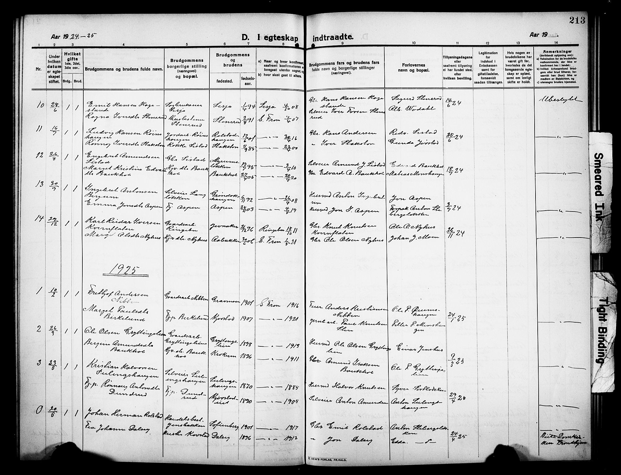 Sør-Fron prestekontor, AV/SAH-PREST-010/H/Ha/Hab/L0005: Klokkerbok nr. 5, 1912-1930, s. 213