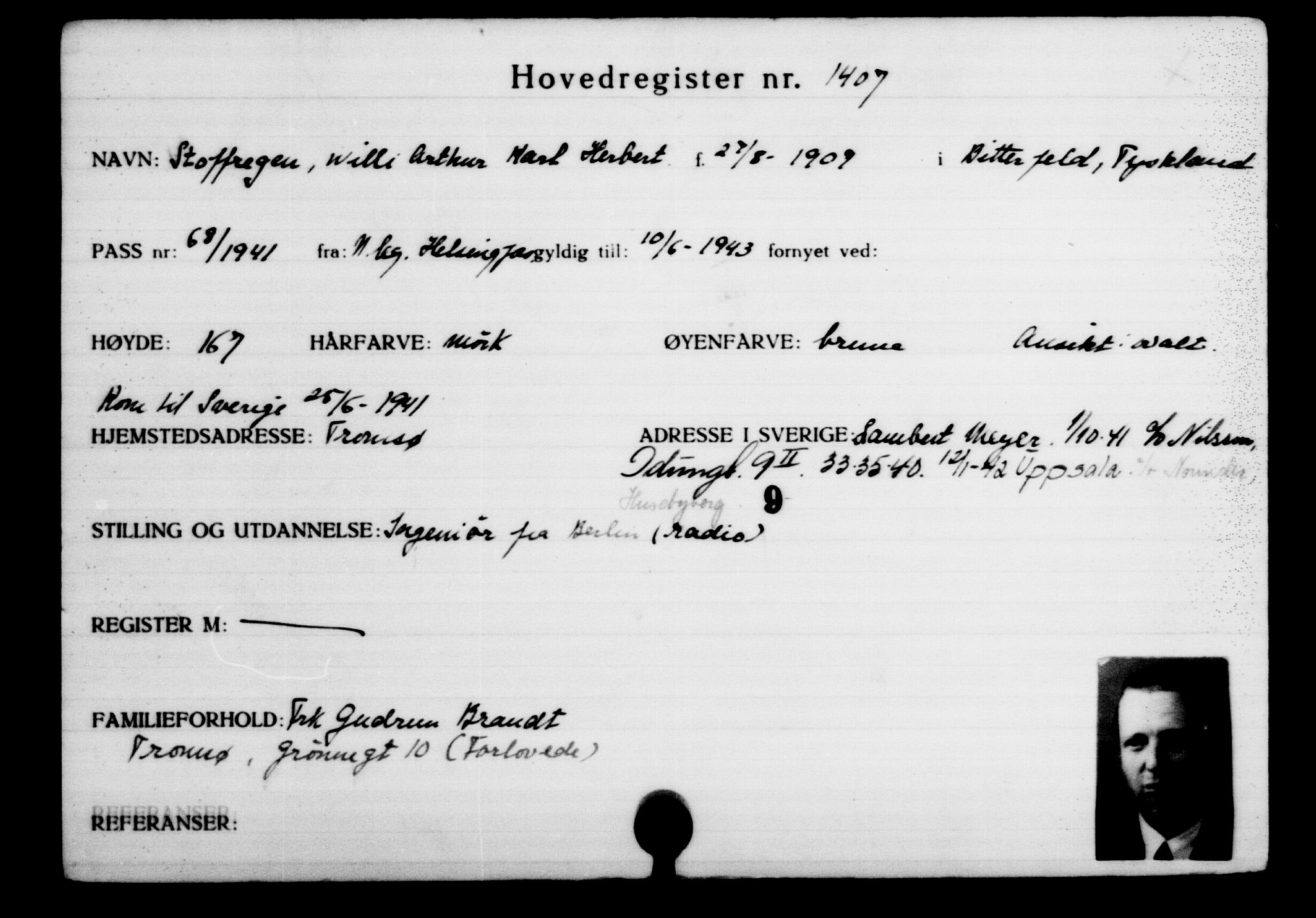 Utenriksstasjonene, Legasjonen i Stockholm, Flyktningkontoret, AV/RA-S-6753/V/Va/L0002: Kjesäterkartoteket, flyktninger med registreringsnr. 1001-2000, 1940-1945, s. 575