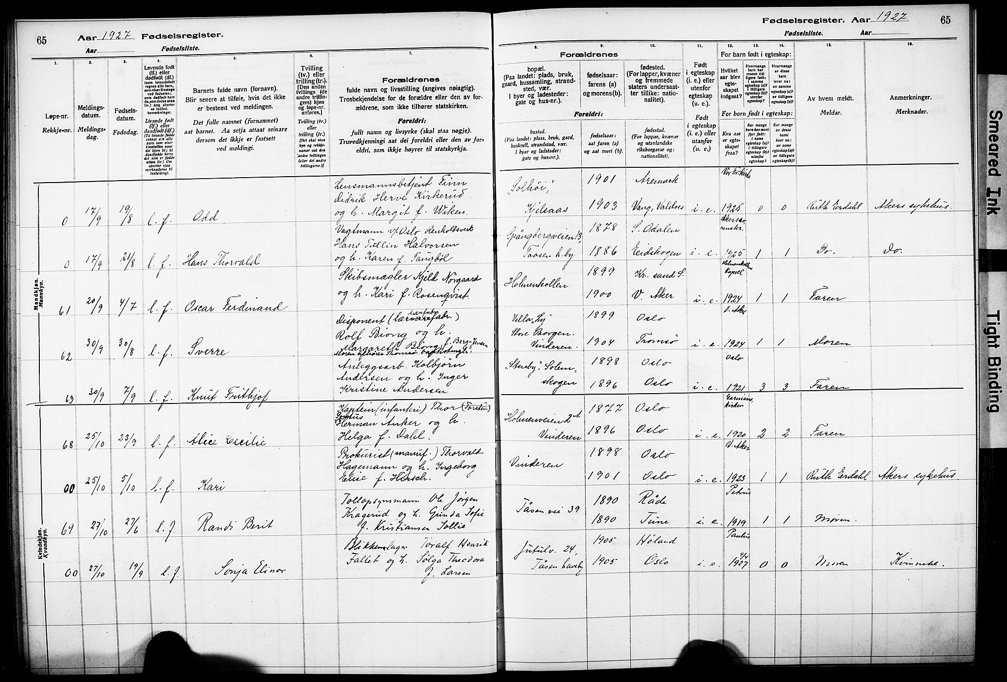 Vestre Aker prestekontor Kirkebøker, AV/SAO-A-10025/J/Ja/L0003: Fødselsregister nr. 3, 1926-1930, s. 65