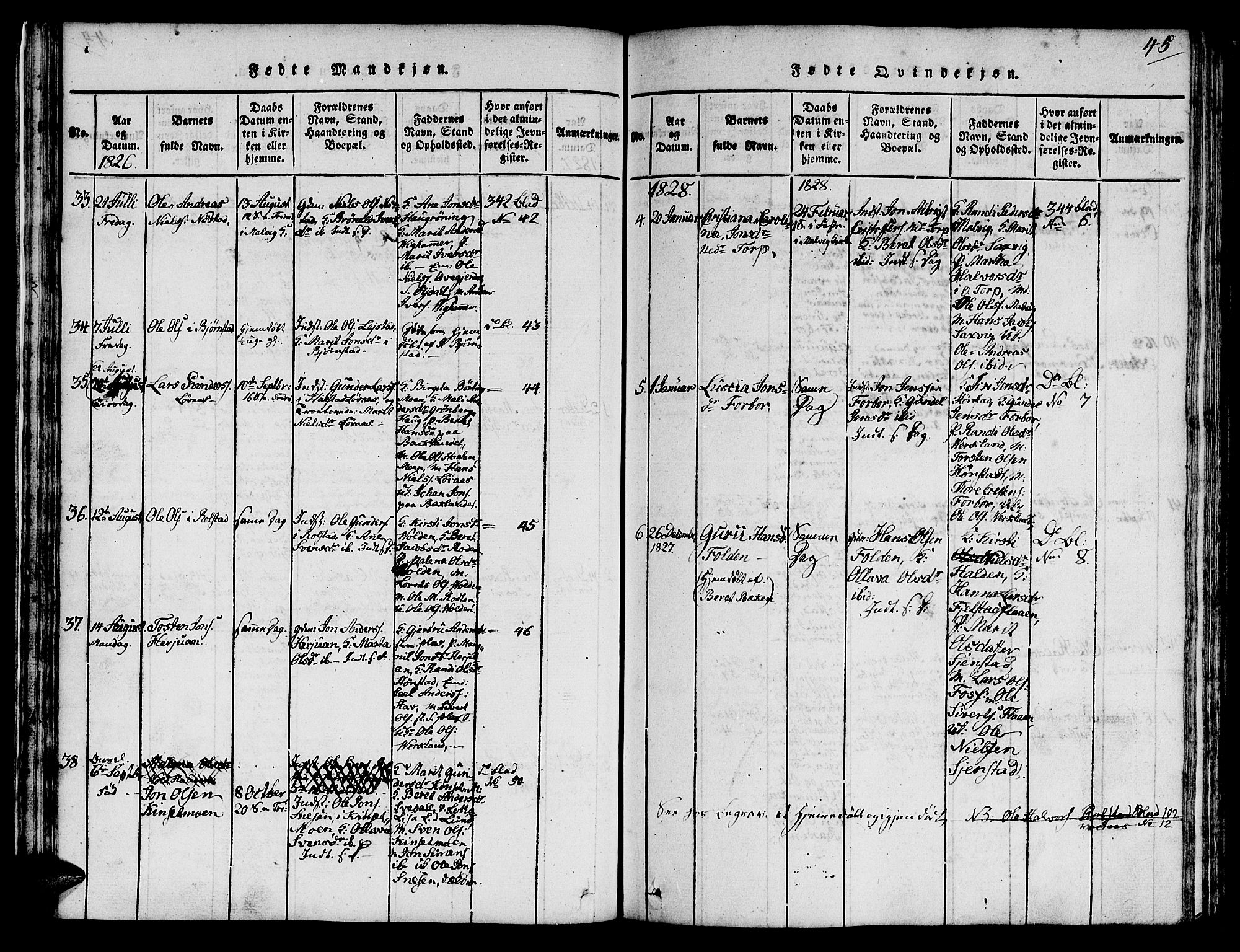 Ministerialprotokoller, klokkerbøker og fødselsregistre - Sør-Trøndelag, SAT/A-1456/616/L0420: Klokkerbok nr. 616C03, 1817-1835, s. 45