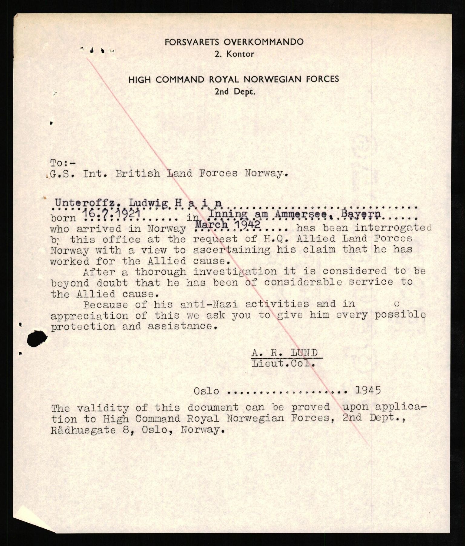 Forsvaret, Forsvarets overkommando II, RA/RAFA-3915/D/Db/L0011: CI Questionaires. Tyske okkupasjonsstyrker i Norge. Tyskere., 1945-1946, s. 323