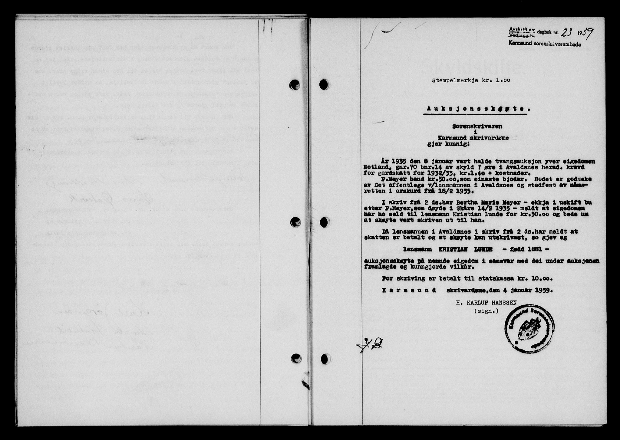 Karmsund sorenskriveri, SAST/A-100311/01/II/IIB/L0070: Pantebok nr. 51A, 1938-1939, Dagboknr: 23/1939