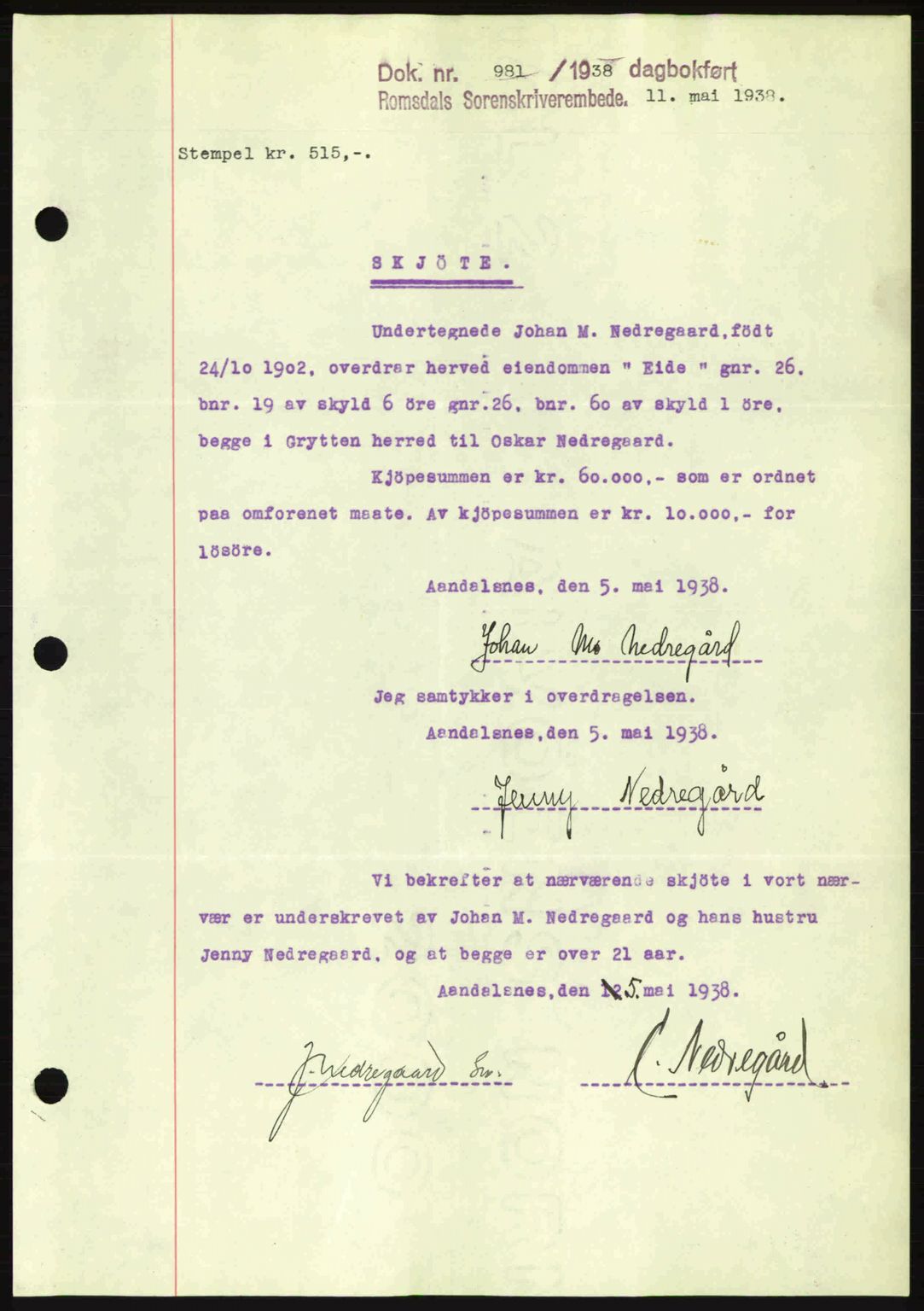 Romsdal sorenskriveri, SAT/A-4149/1/2/2C: Pantebok nr. A5, 1938-1938, Dagboknr: 981/1938