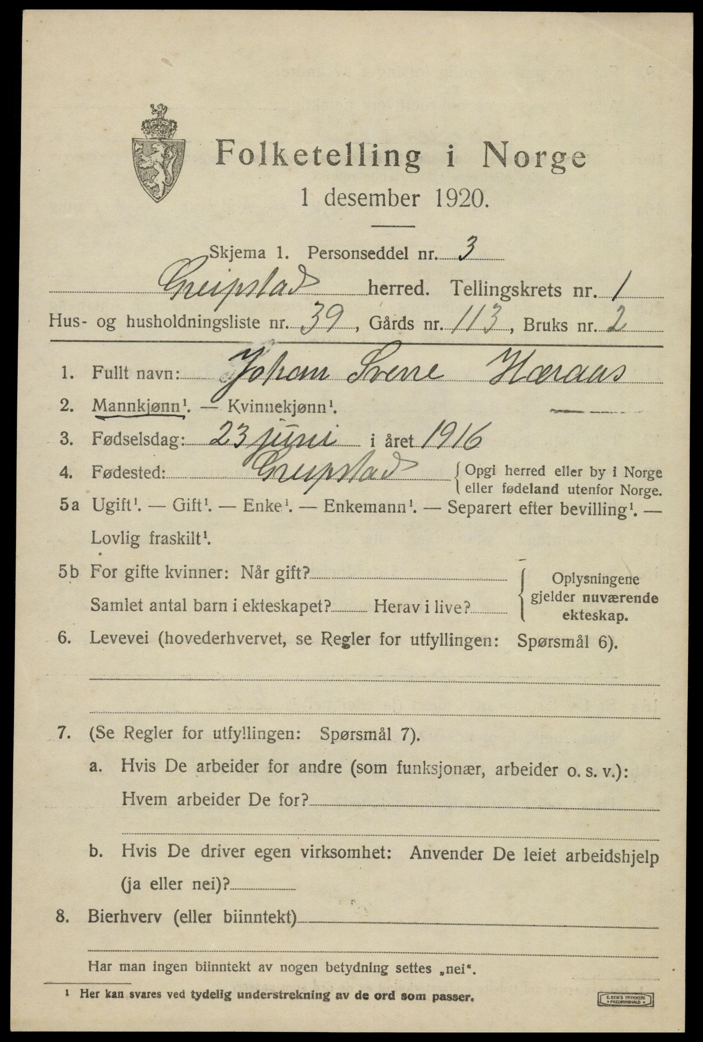 SAK, Folketelling 1920 for 1017 Greipstad herred, 1920, s. 858