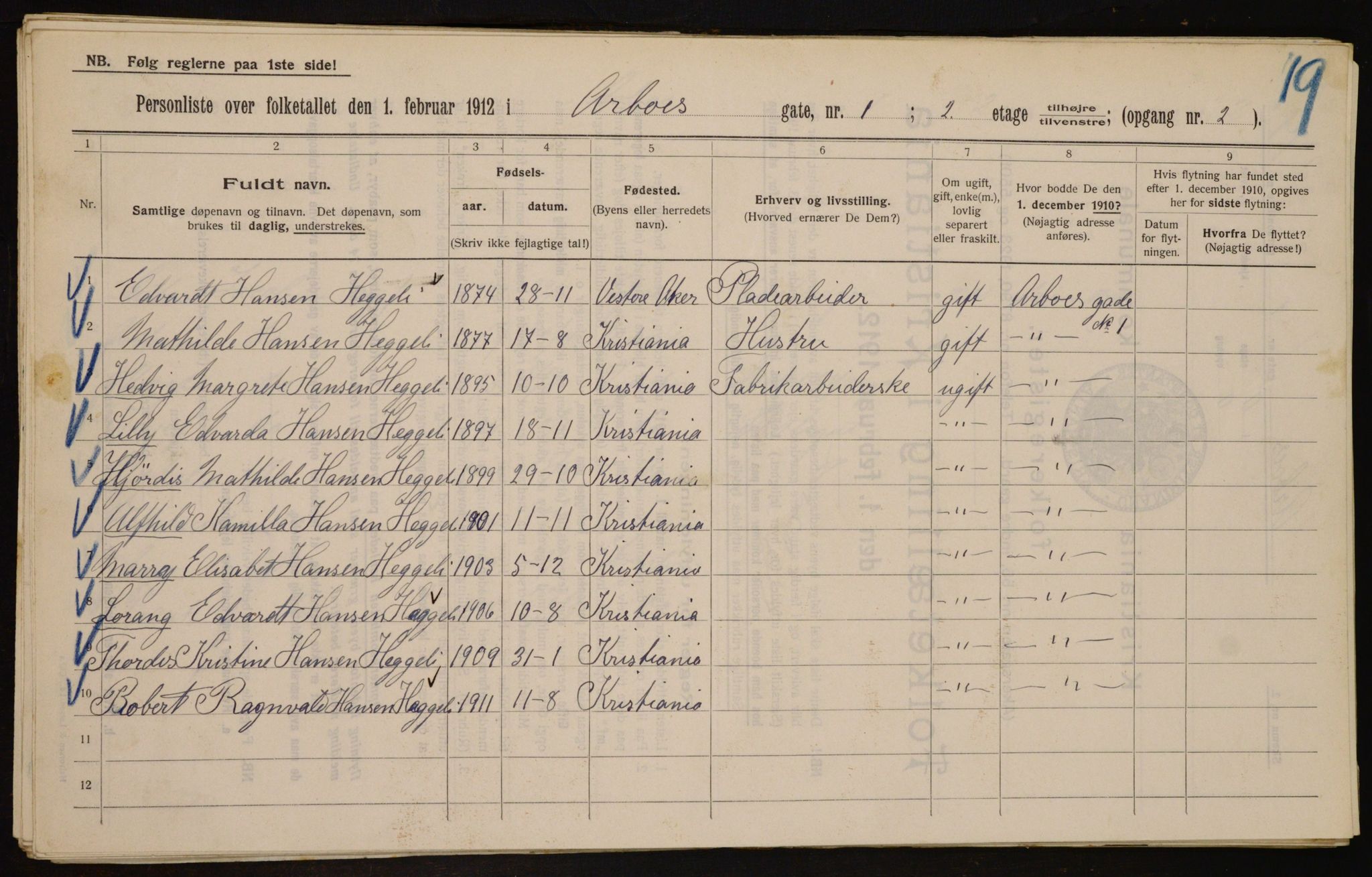 OBA, Kommunal folketelling 1.2.1912 for Kristiania, 1912, s. 1696