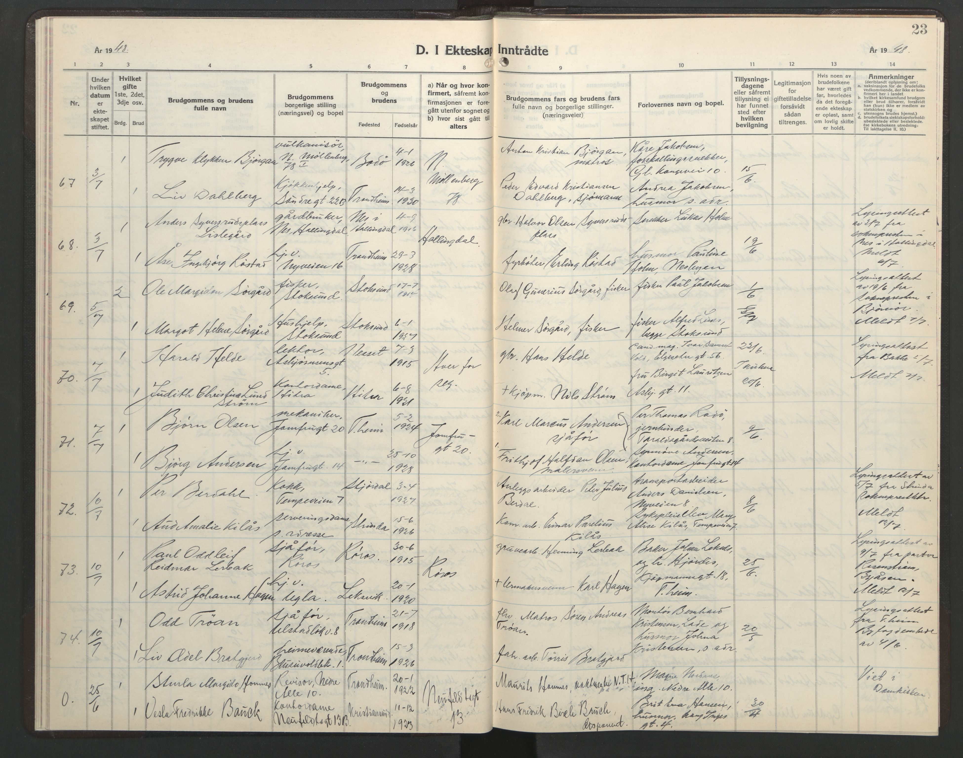 Ministerialprotokoller, klokkerbøker og fødselsregistre - Sør-Trøndelag, AV/SAT-A-1456/602/L0155: Klokkerbok nr. 602C23, 1947-1950, s. 23