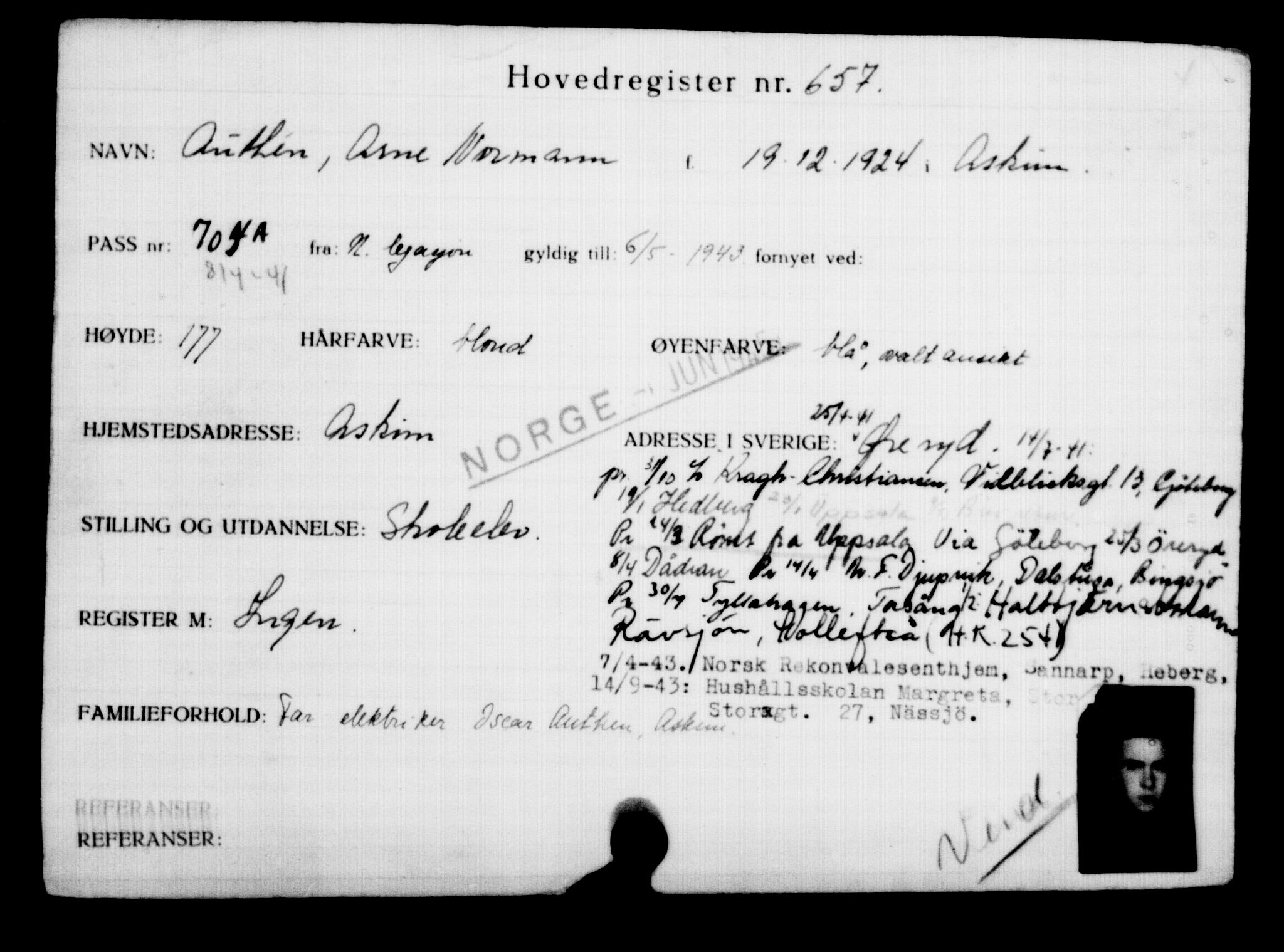 Utenriksstasjonene, Legasjonen i Stockholm, Flyktningkontoret, AV/RA-S-6753/V/Va/L0001: Kjesäterkartoteket, flyktninger med registreringsnr. 1-1000, 1940-1945, s. 1025