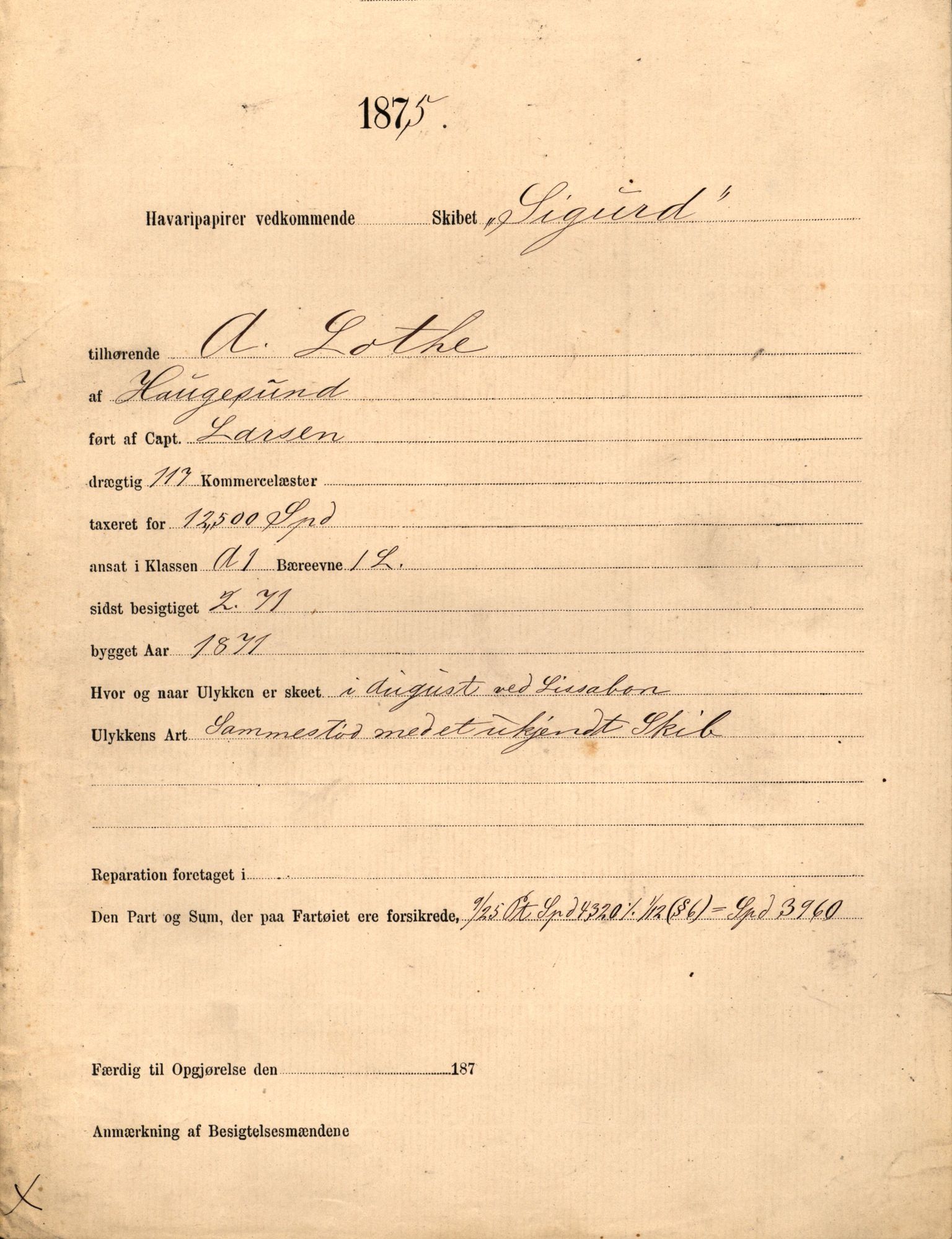 Pa 63 - Østlandske skibsassuranceforening, VEMU/A-1079/G/Ga/L0007/0015: Havaridokumenter / Sigurd, 1875