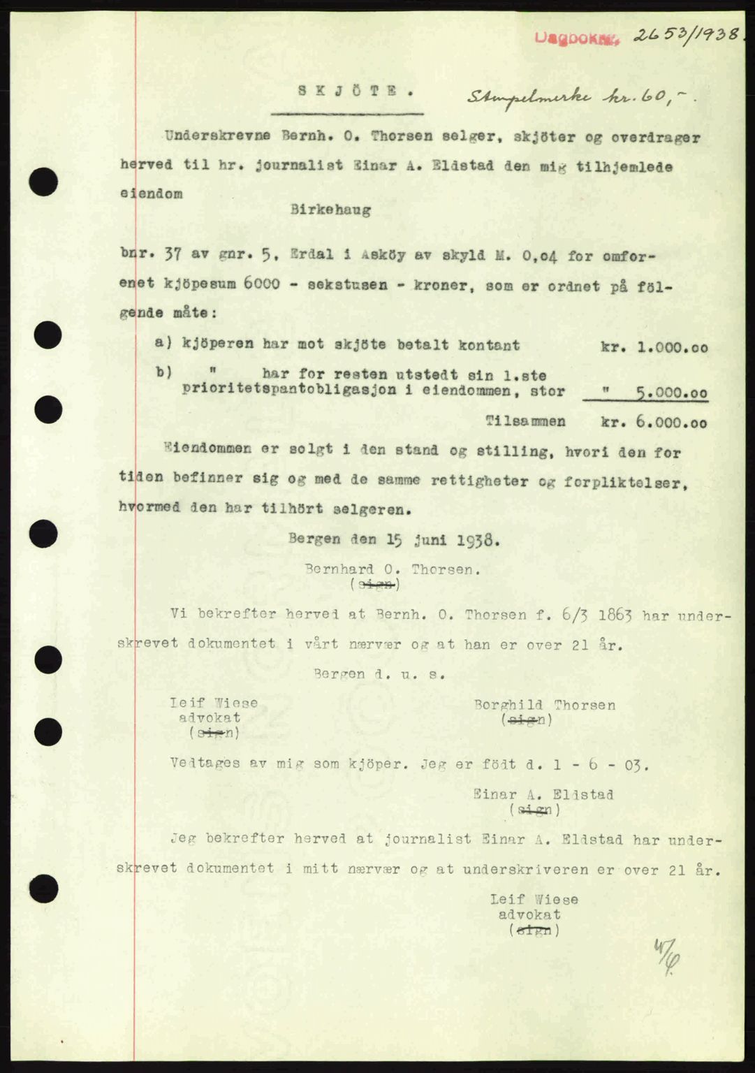Midhordland sorenskriveri, SAB/A-3001/1/G/Gb/Gbh/L0005: Pantebok nr. A9-10, 1938-1938, Dagboknr: 2653/1938