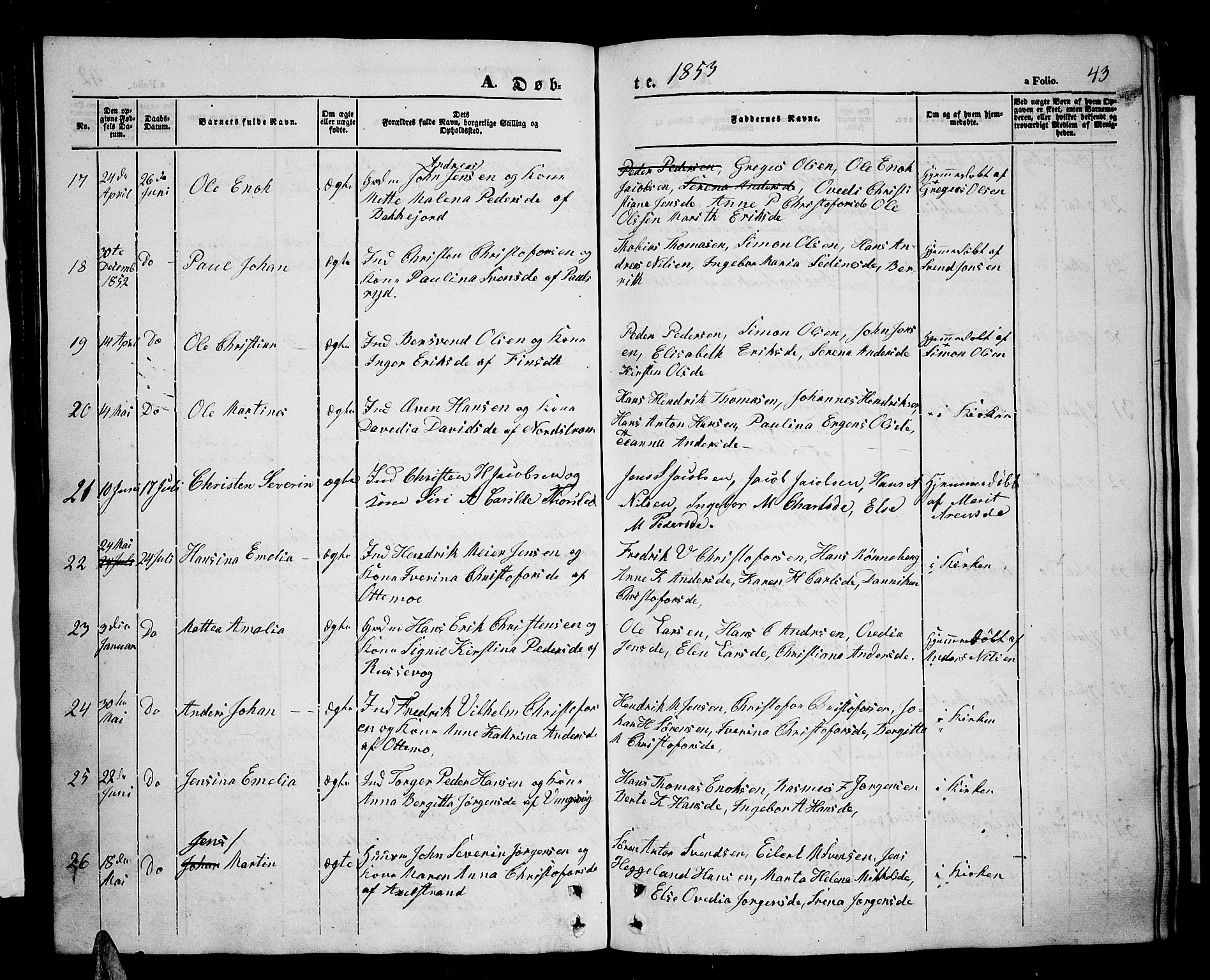Tranøy sokneprestkontor, AV/SATØ-S-1313/I/Ia/Iab/L0002klokker: Klokkerbok nr. 2, 1847-1860, s. 43