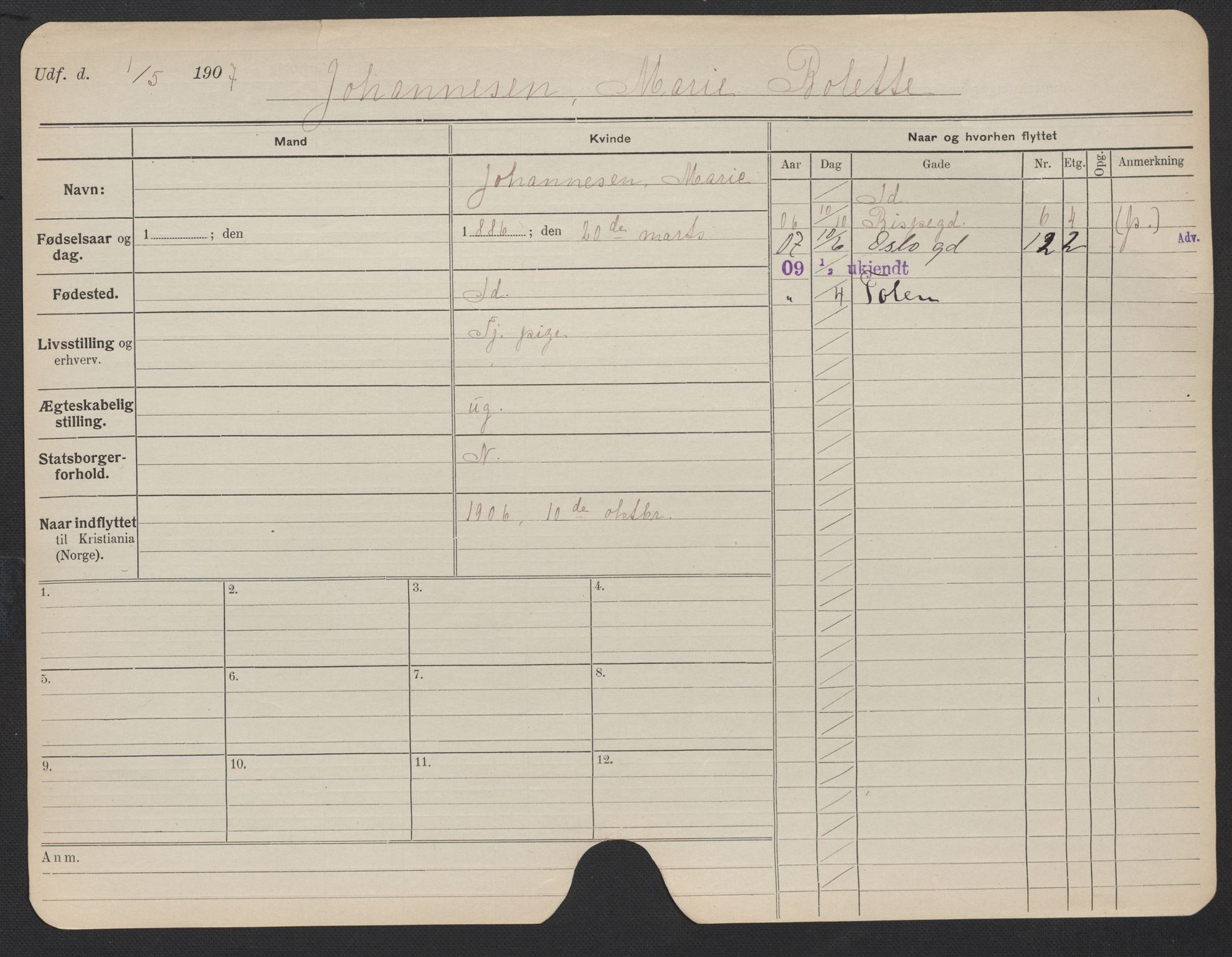 Oslo folkeregister, Registerkort, AV/SAO-A-11715/F/Fa/Fac/L0018: Kvinner, 1906-1914, s. 299a