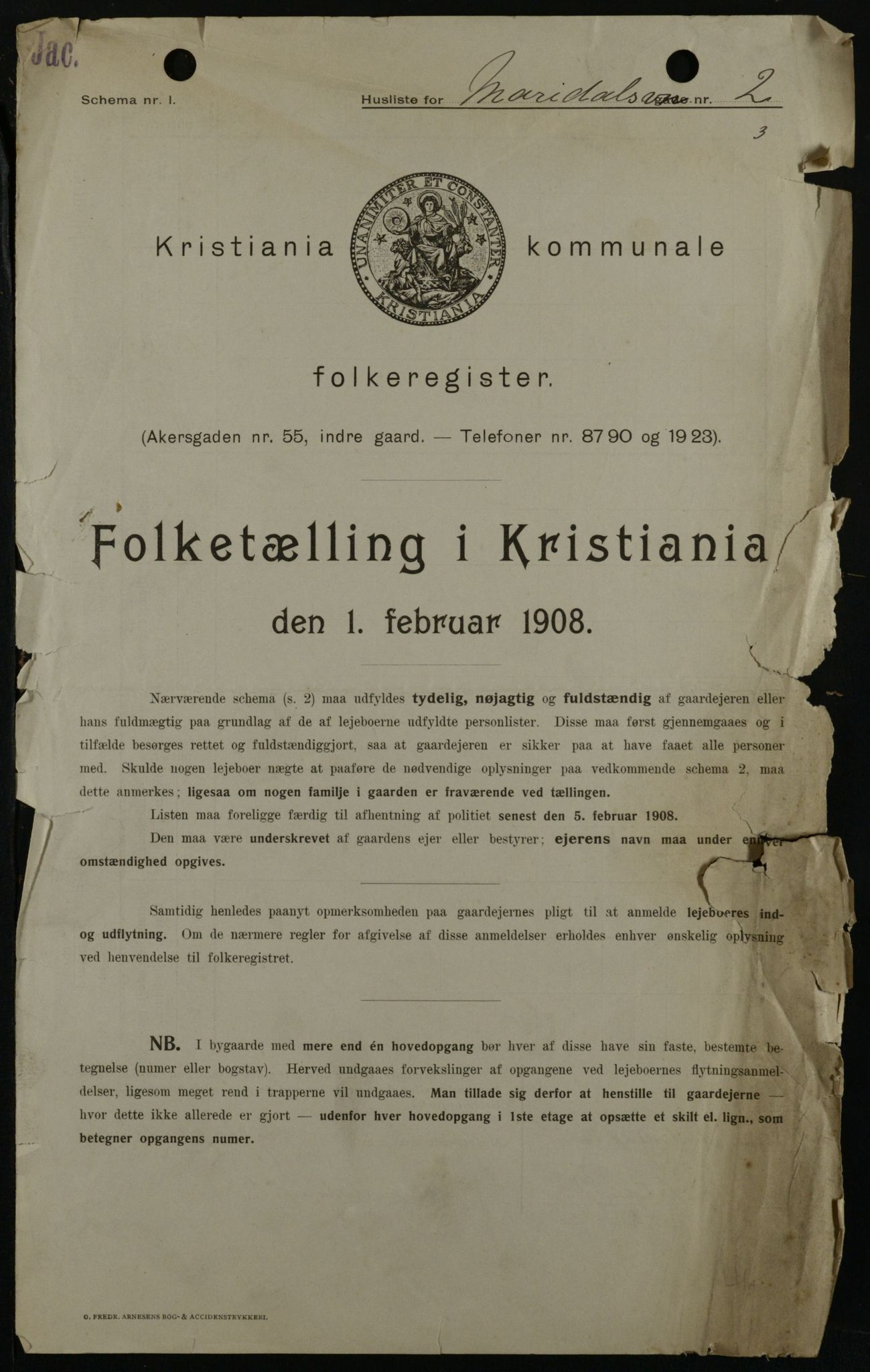 OBA, Kommunal folketelling 1.2.1908 for Kristiania kjøpstad, 1908, s. 54268