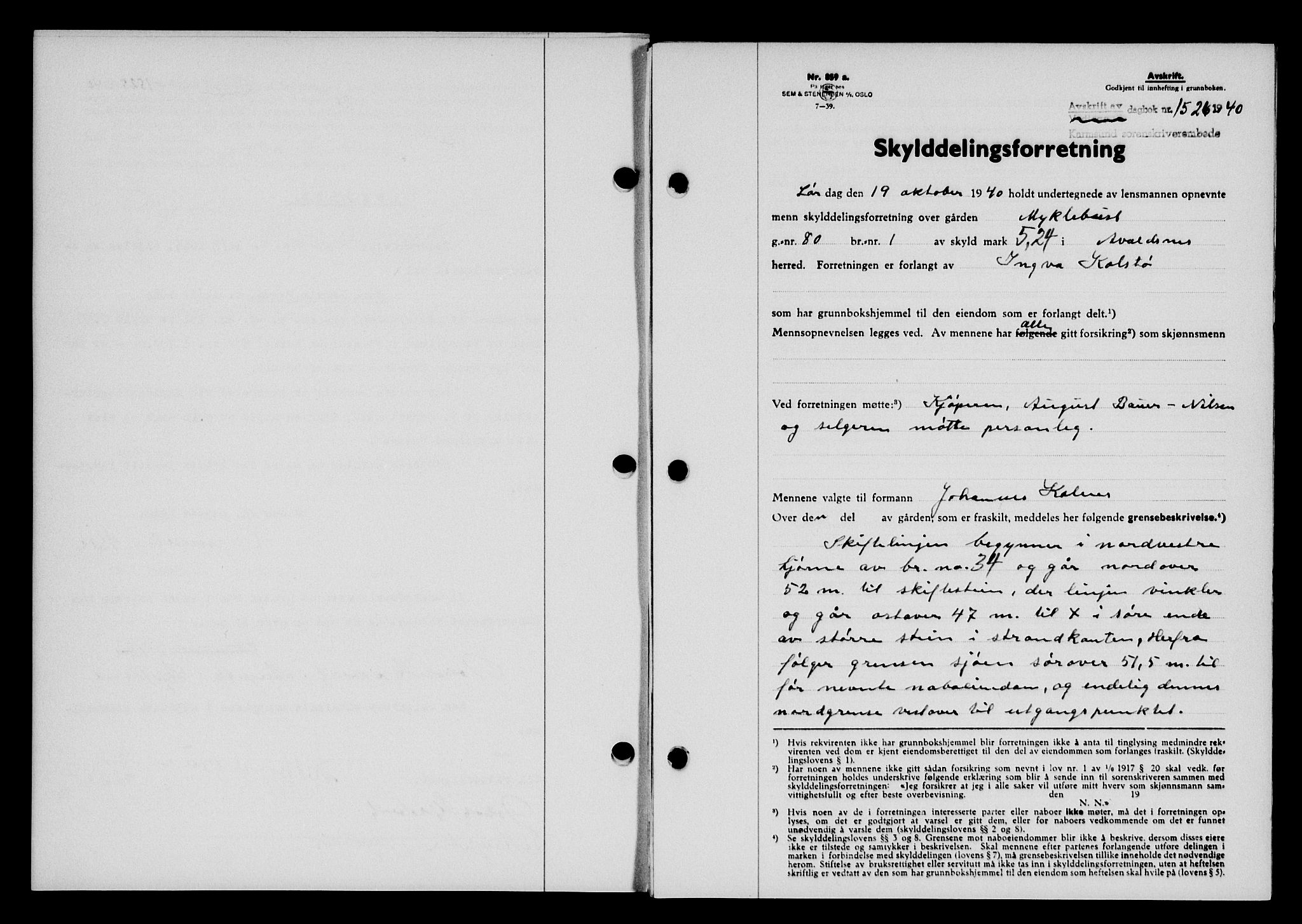 Karmsund sorenskriveri, SAST/A-100311/01/II/IIB/L0074: Pantebok nr. 55A, 1940-1941, Dagboknr: 1526/1940