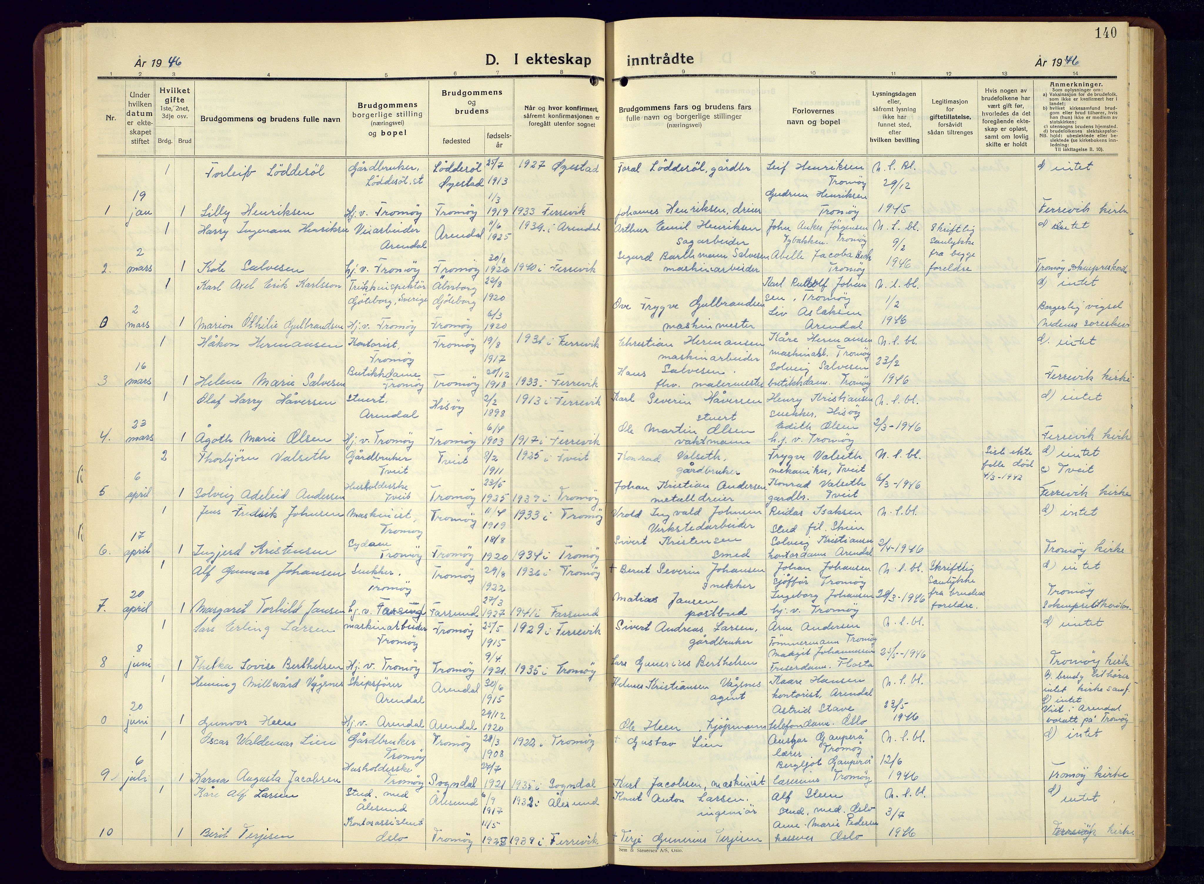 Tromøy sokneprestkontor, AV/SAK-1111-0041/F/Fb/L0009: Klokkerbok nr. B-9, 1938-1952, s. 140