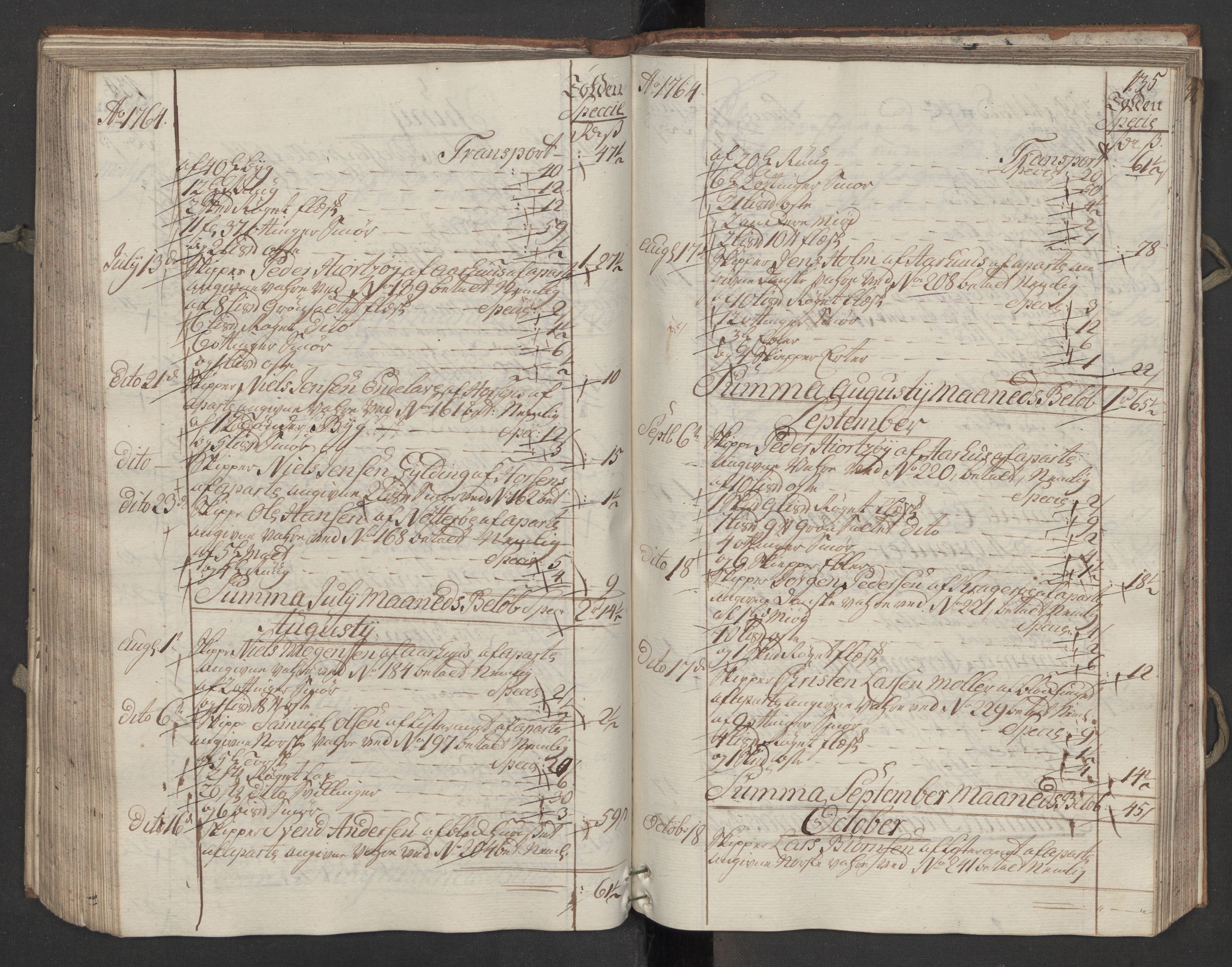 Generaltollkammeret, tollregnskaper, AV/RA-EA-5490/R13/L0036/0001: Tollregnskaper Kragerø / Inngående hovedtollbok, 1764, s. 134b-135a