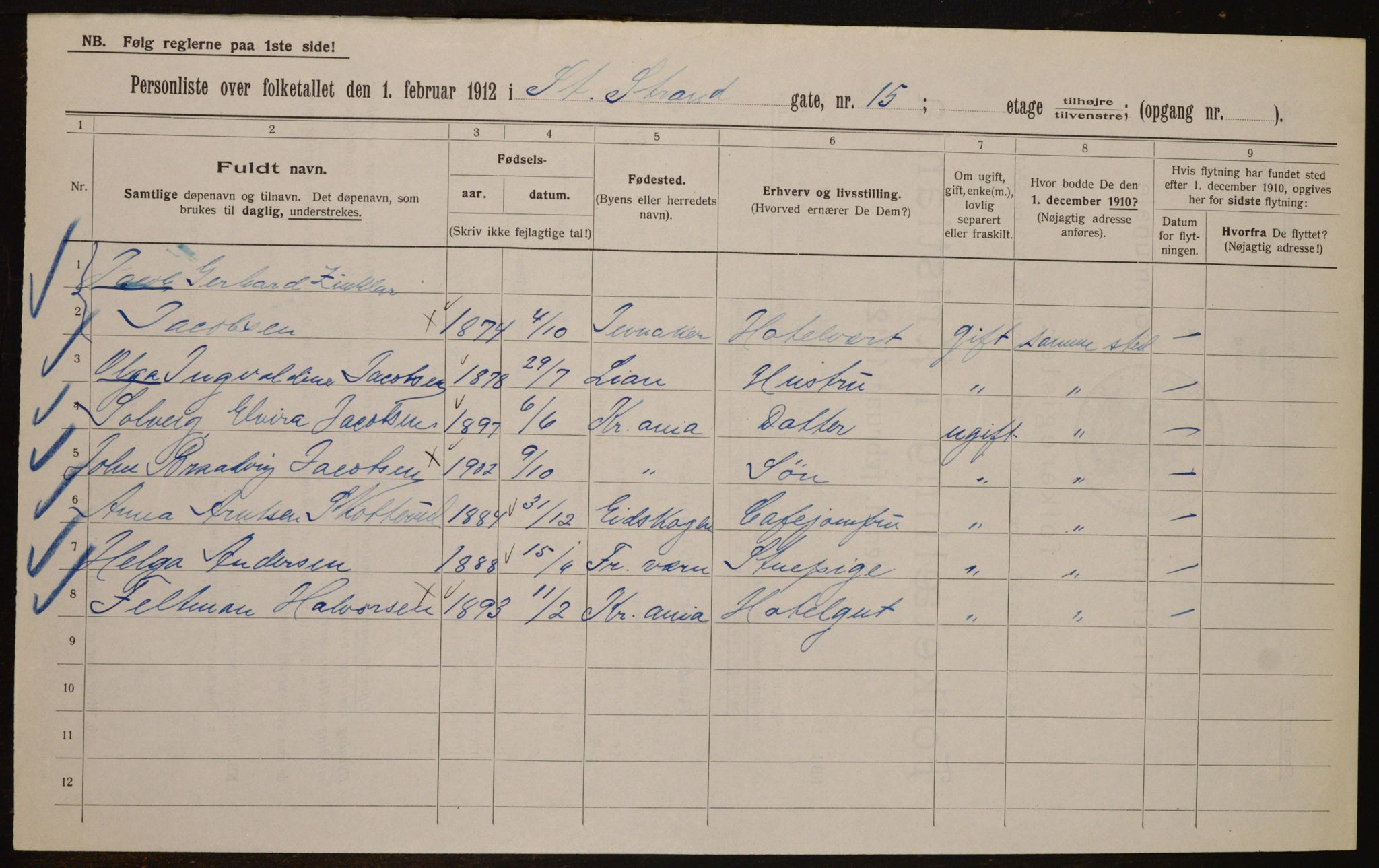 OBA, Kommunal folketelling 1.2.1912 for Kristiania, 1912, s. 102956