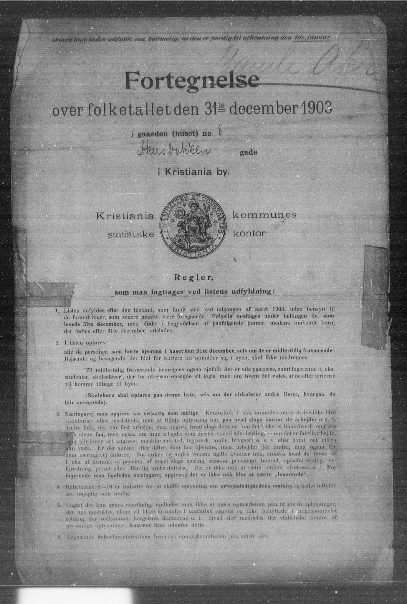 OBA, Kommunal folketelling 31.12.1903 for Kristiania kjøpstad, 1903, s. 12