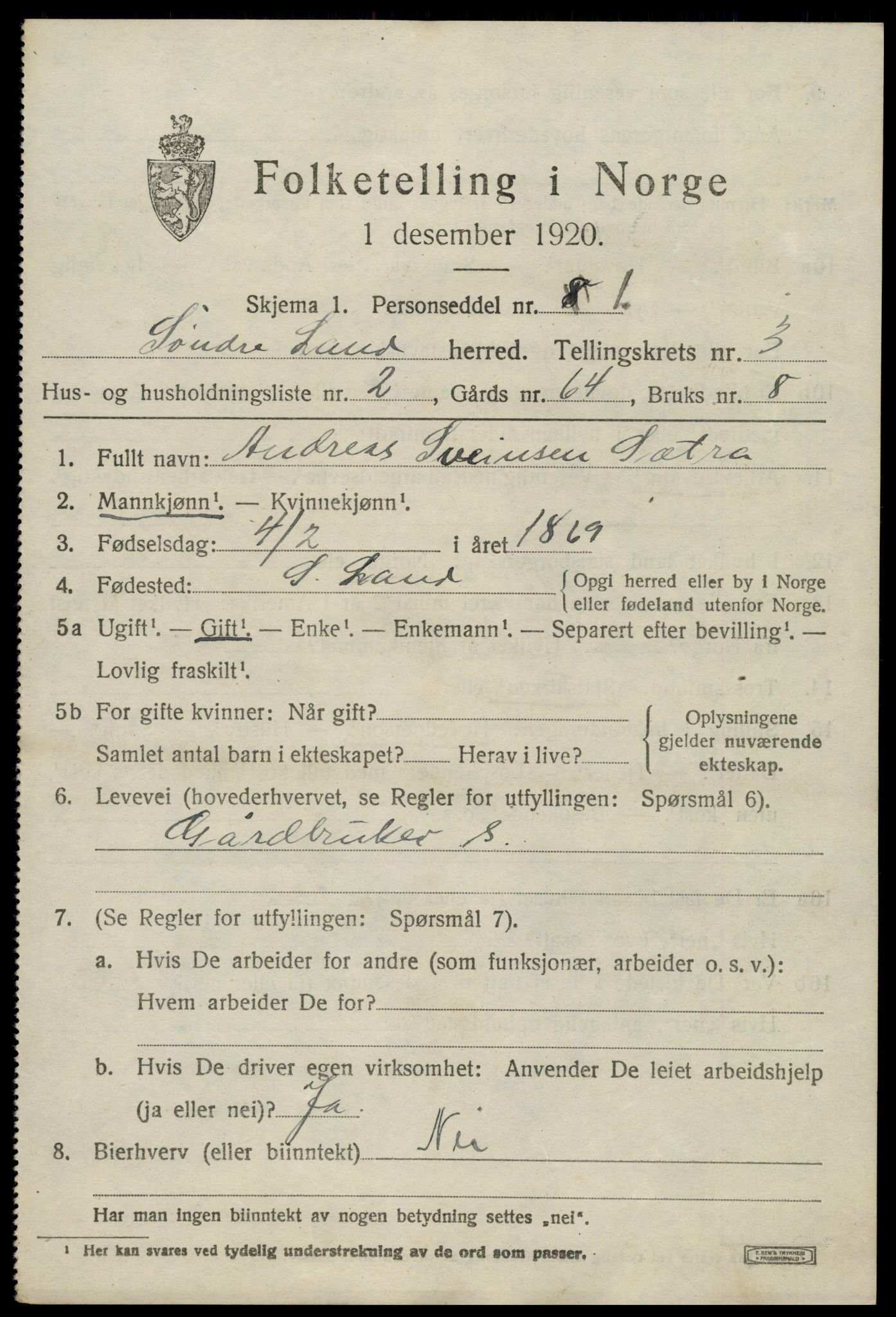 SAH, Folketelling 1920 for 0536 Søndre Land herred, 1920, s. 4283