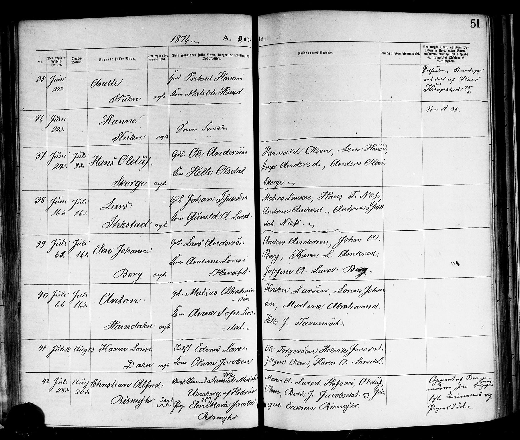 Andebu kirkebøker, AV/SAKO-A-336/F/Fa/L0006: Ministerialbok nr. I 6, 1871-1878, s. 51