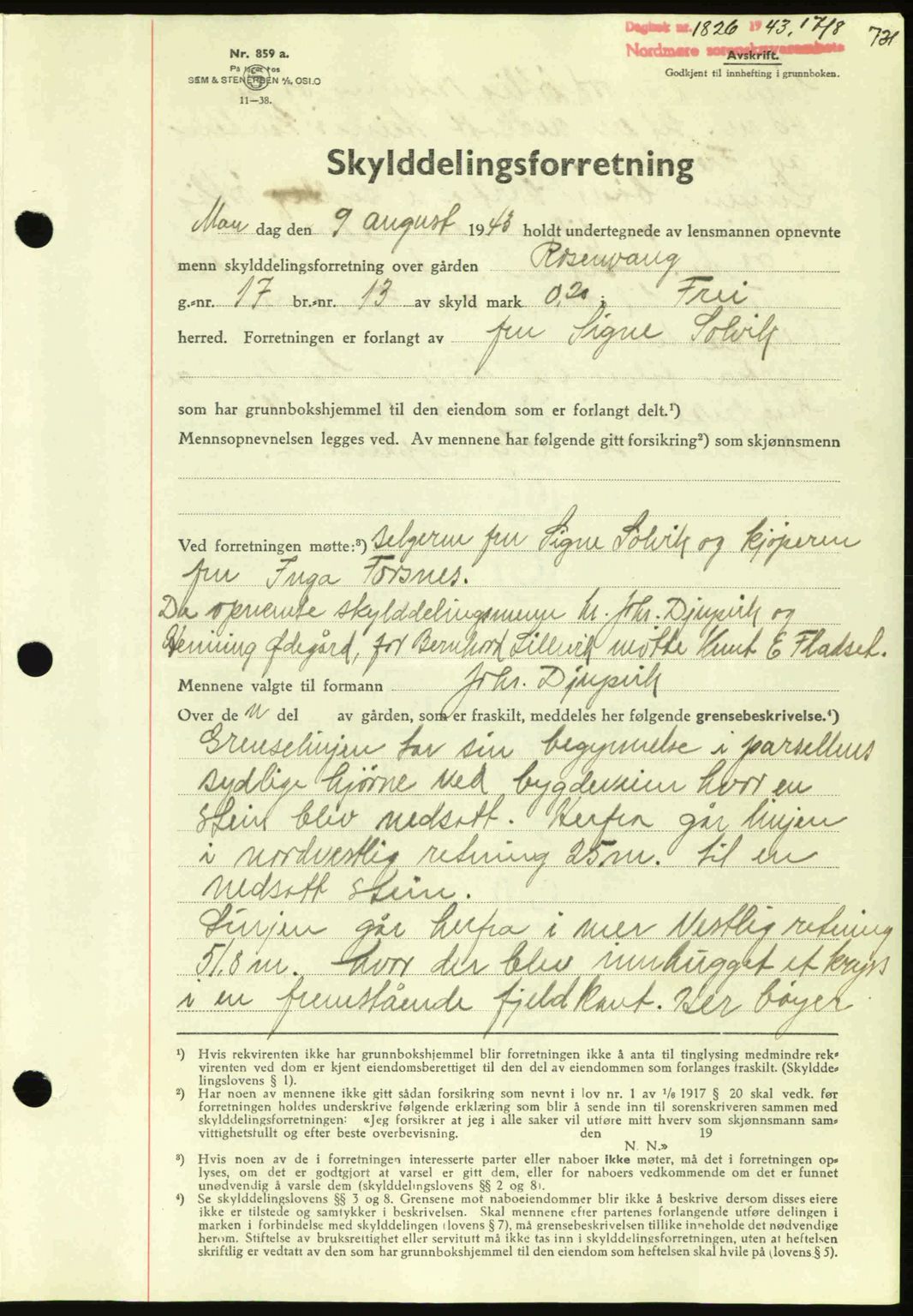 Nordmøre sorenskriveri, AV/SAT-A-4132/1/2/2Ca: Pantebok nr. A95, 1943-1943, Dagboknr: 1826/1943