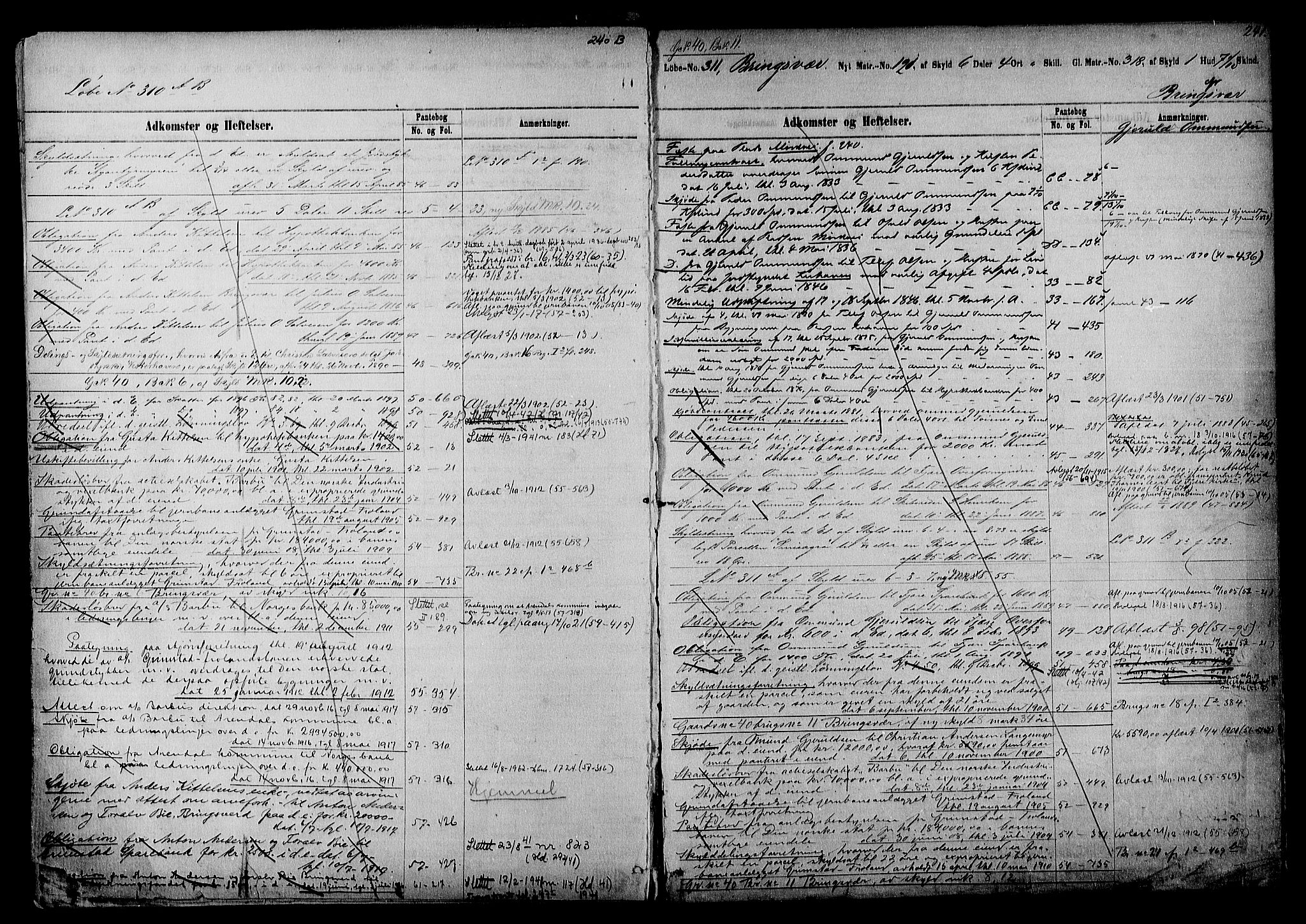 Vestre Nedenes/Sand sorenskriveri, AV/SAK-1221-0010/G/Ga/L0016: Panteregister nr. 12b, 1770-1957, s. 241