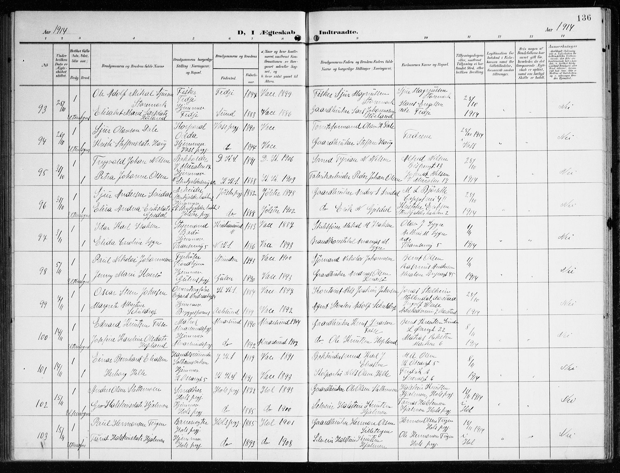 Korskirken sokneprestembete, AV/SAB-A-76101/H/Haa/L0038: Ministerialbok nr. D 5, 1904-1919, s. 136