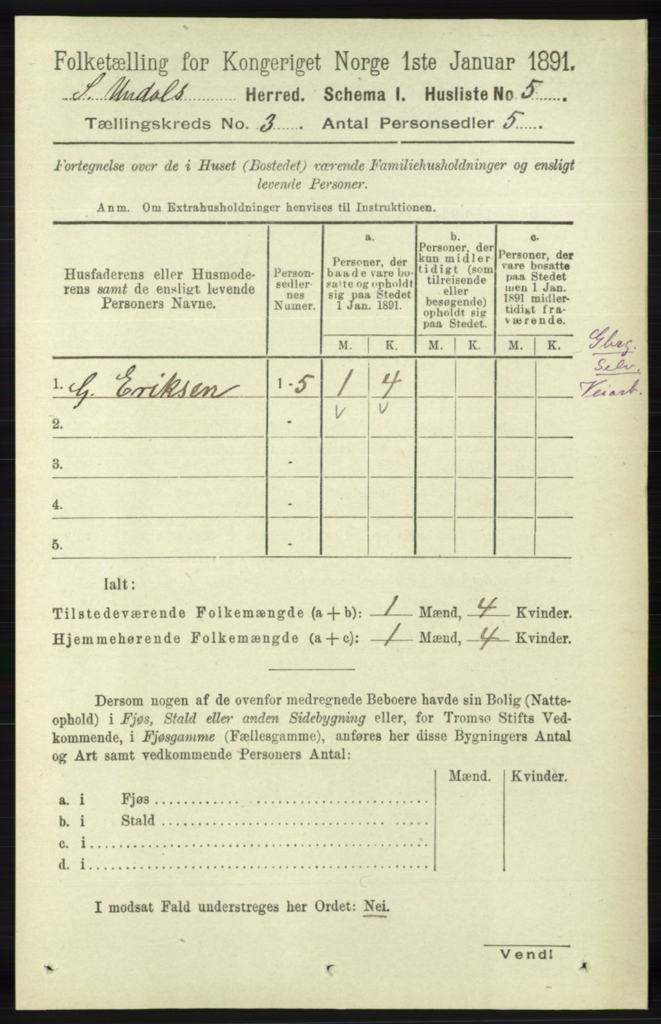 RA, Folketelling 1891 for 1029 Sør-Audnedal herred, 1891, s. 698