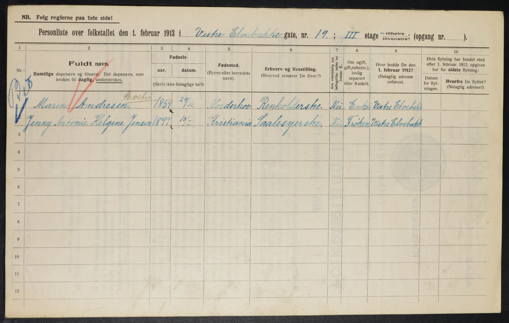 OBA, Kommunal folketelling 1.2.1913 for Kristiania, 1913, s. 122427