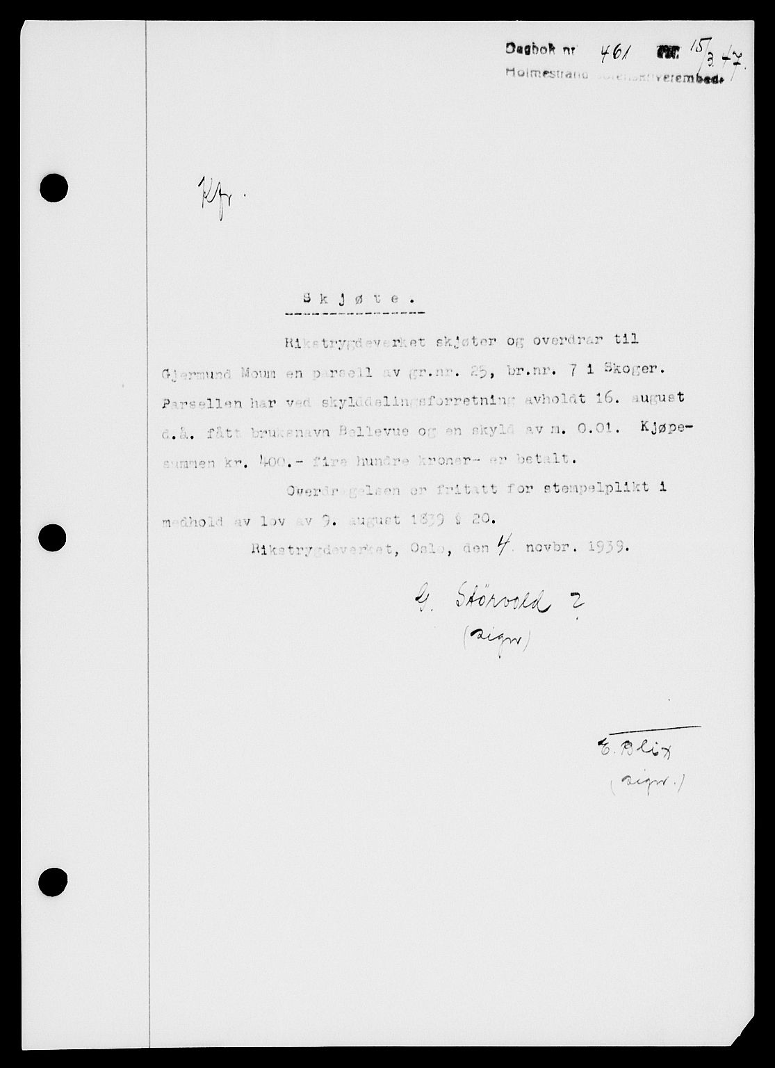 Holmestrand sorenskriveri, SAKO/A-67/G/Ga/Gaa/L0061: Pantebok nr. A-61, 1946-1947, Dagboknr: 461/1947