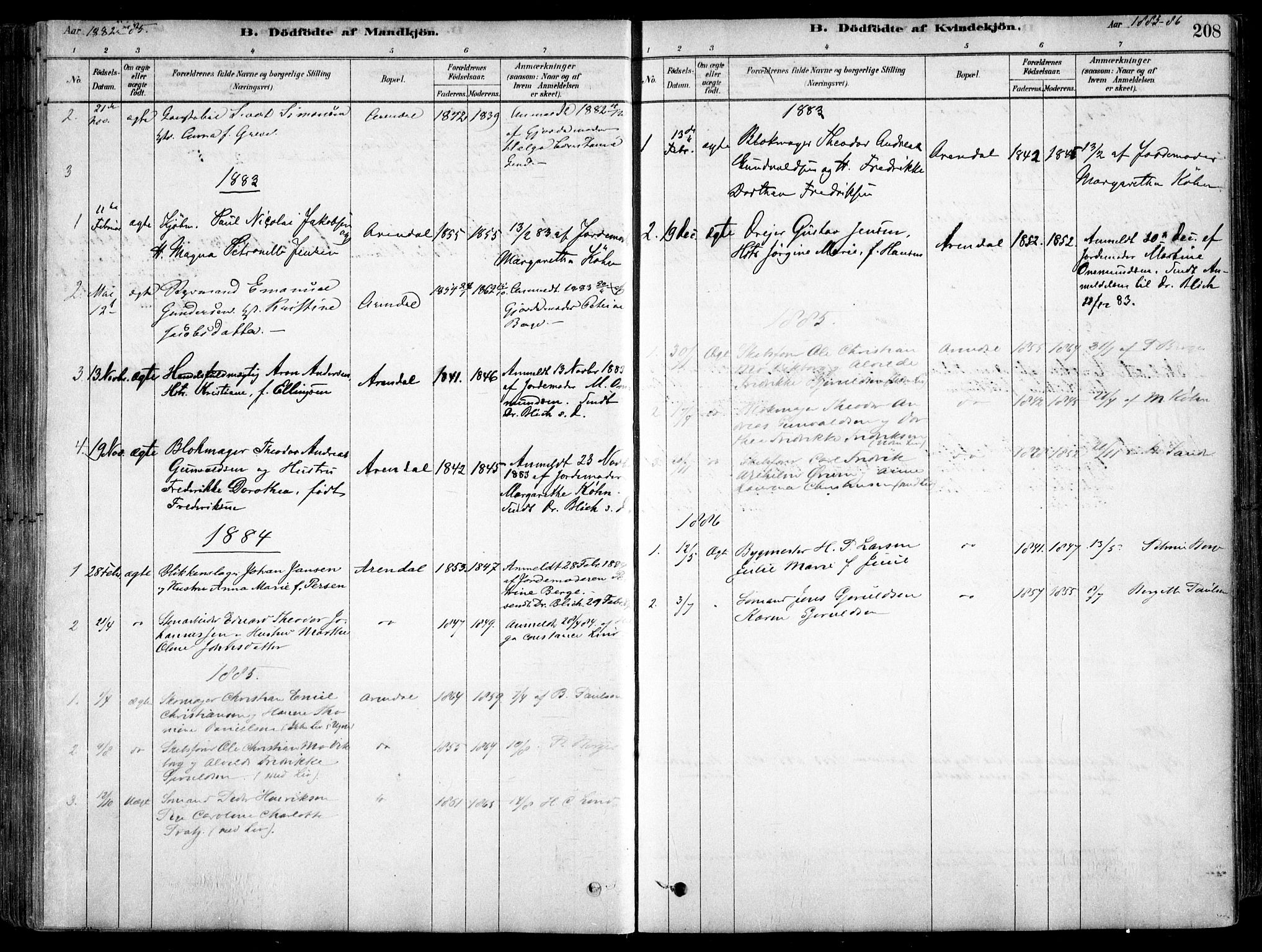 Arendal sokneprestkontor, Trefoldighet, AV/SAK-1111-0040/F/Fa/L0008: Ministerialbok nr. A 8, 1878-1899, s. 208