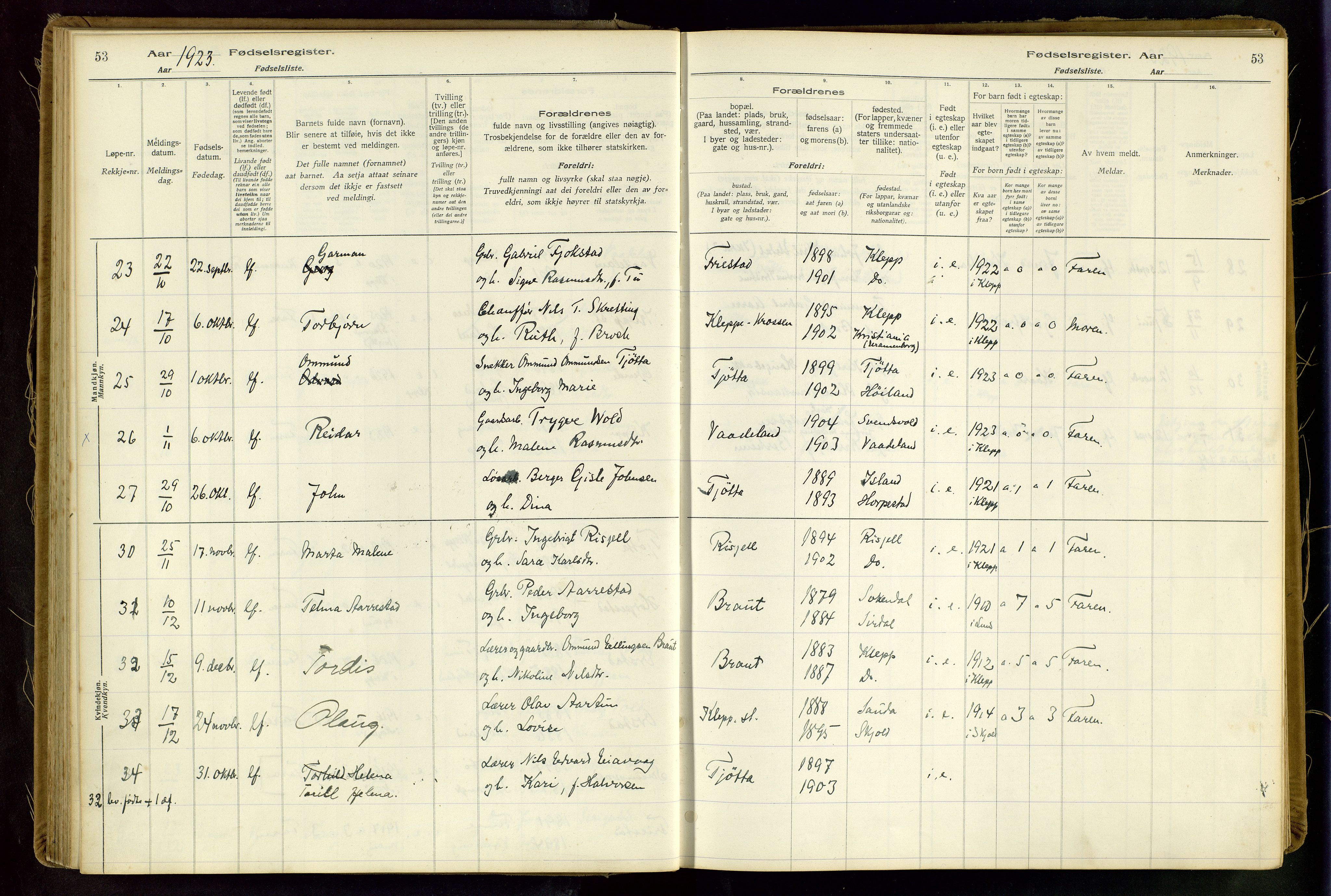 Klepp sokneprestkontor, AV/SAST-A-101803/001/704BAA/L0001: Fødselsregister nr. 1, 1916-1948, s. 53