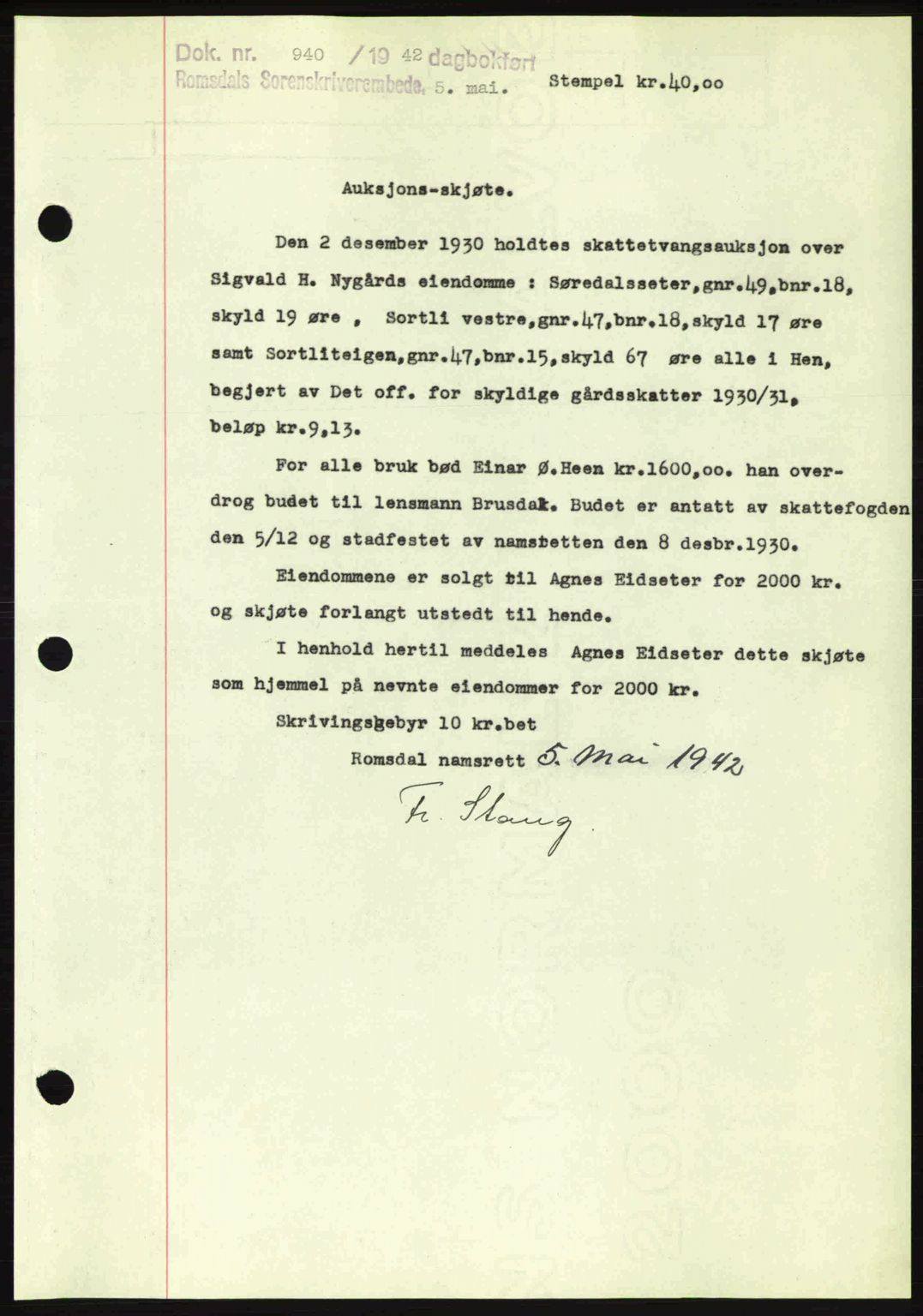 Romsdal sorenskriveri, SAT/A-4149/1/2/2C: Pantebok nr. A12, 1942-1942, Dagboknr: 940/1942