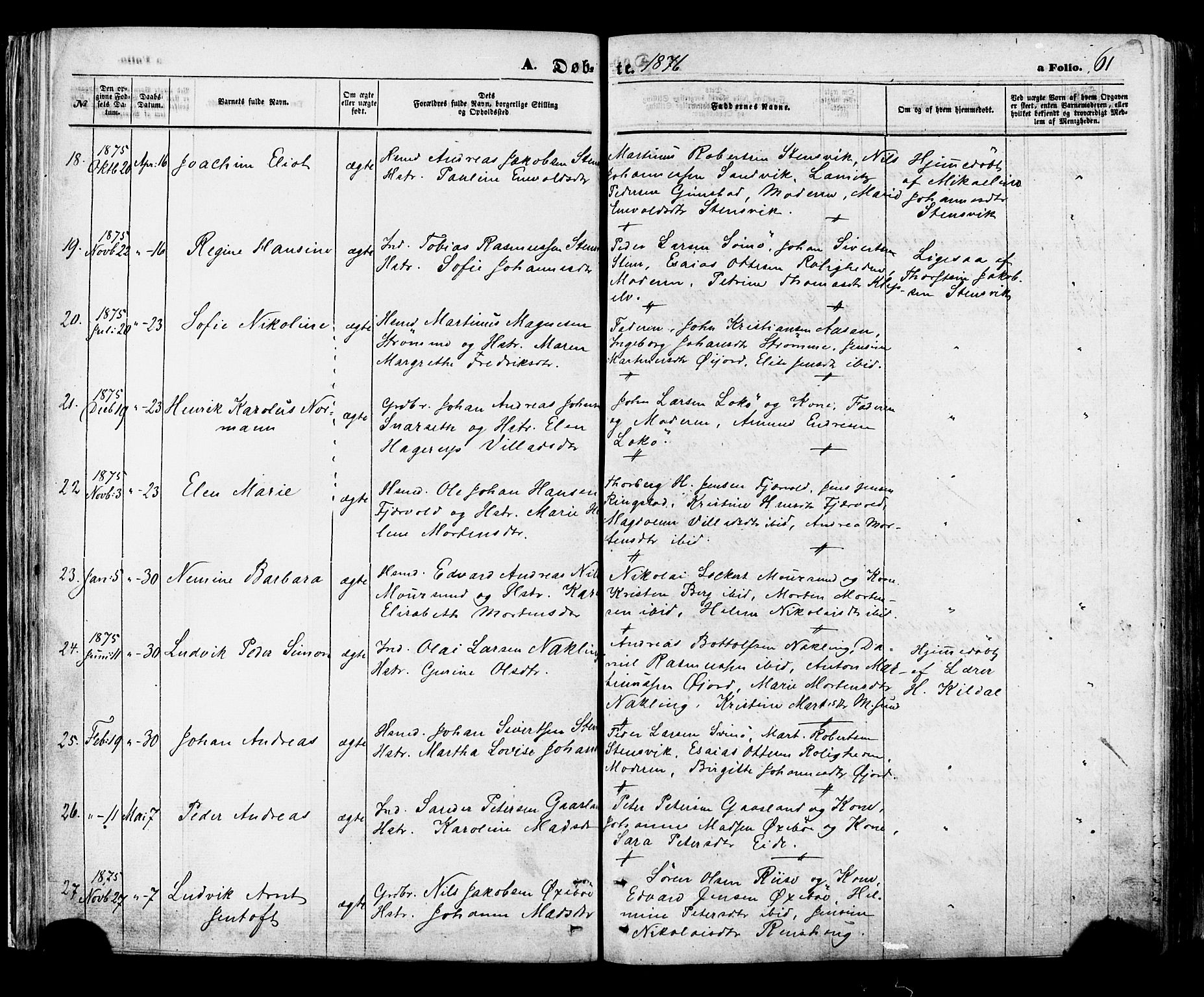 Ministerialprotokoller, klokkerbøker og fødselsregistre - Nordland, AV/SAT-A-1459/891/L1301: Ministerialbok nr. 891A06, 1870-1878, s. 61