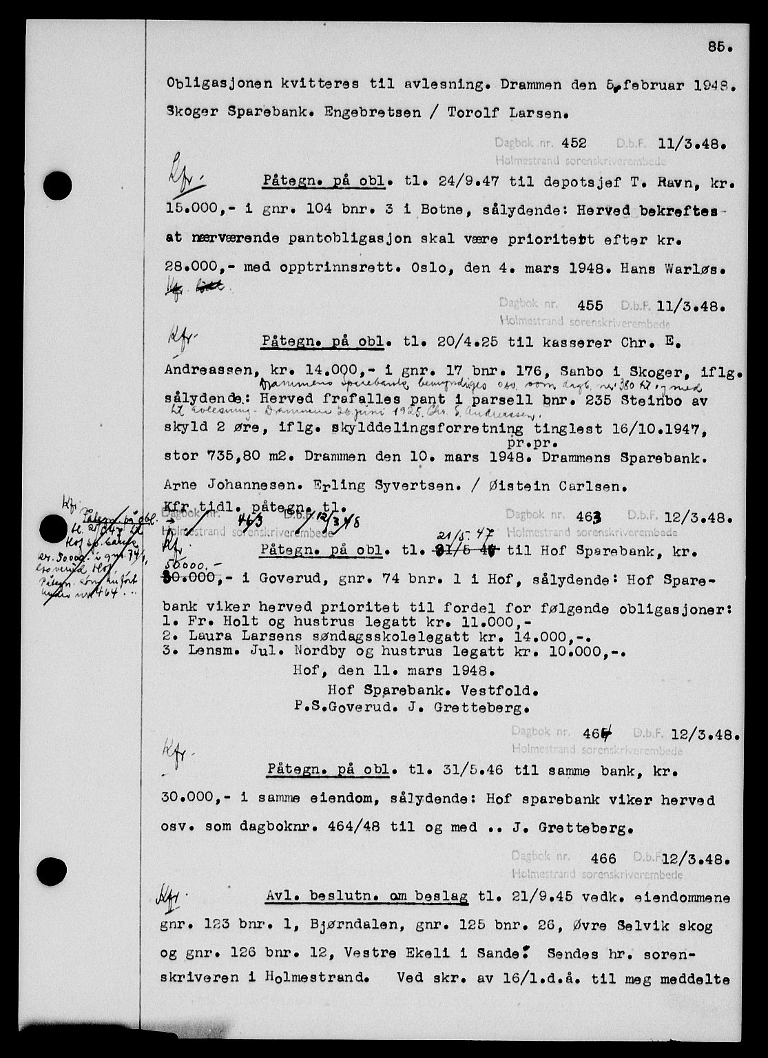 Holmestrand sorenskriveri, SAKO/A-67/G/Ga/Gab/L0058: Pantebok nr. B-58, 1947-1948, s. 85, Dagboknr: 452/1948