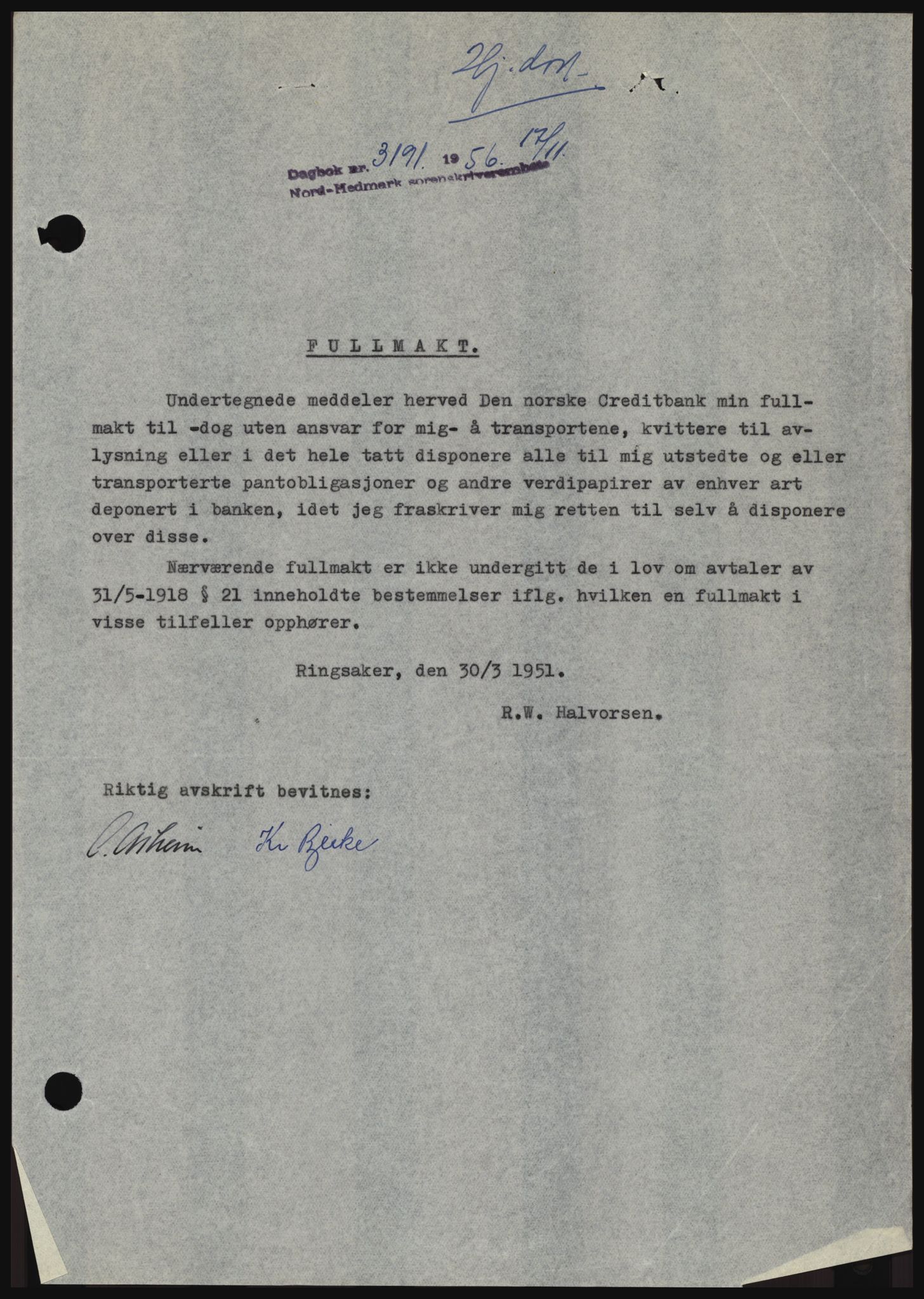 Nord-Hedmark sorenskriveri, SAH/TING-012/H/Hc/L0011: Pantebok nr. 11, 1956-1957, Dagboknr: 3191/1956