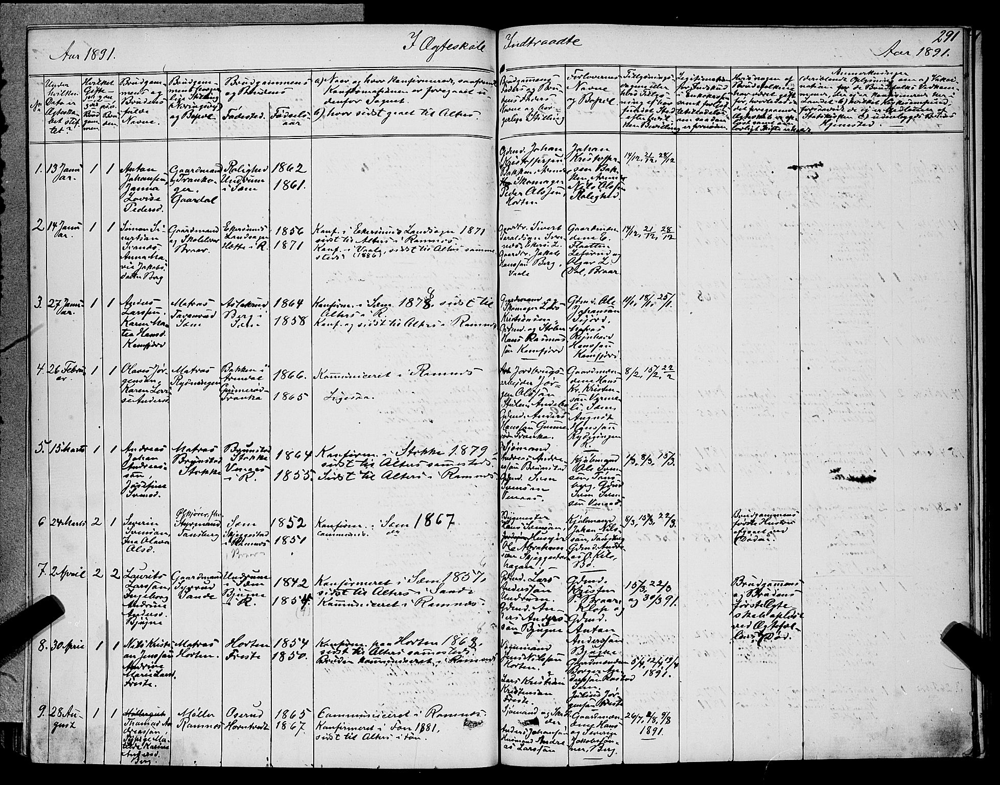 Ramnes kirkebøker, AV/SAKO-A-314/G/Ga/L0003: Klokkerbok nr. I 3, 1870-1896, s. 291